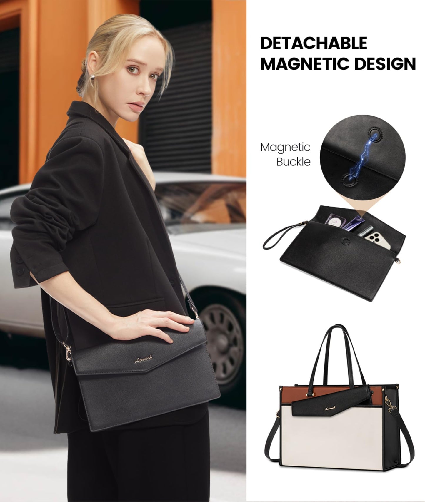 LOVEVOOK Laptop Bag for Women, 15.6 inch Laptop Tote Bag 2-in-1 Professional Work Bag Business Briefcase with Clutch Purse, Waterproof Leather Computer Handbag Shoulder Bag for Teacher Office Travel