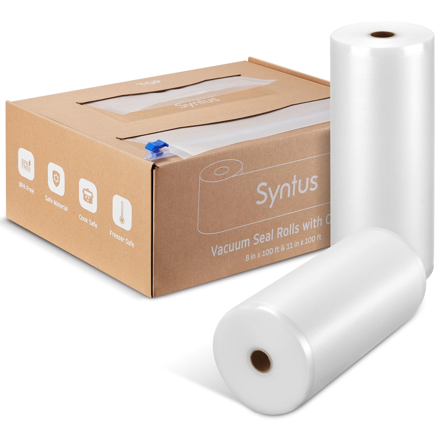 [2025 Upgraded] Syntus 11" x 100' and 8" x 100' Vacuum Sealer Bags for Food with Cutter, Food Vacuum Seal Roll Keeper BPA-free Heavy-duty Commercial Grade for Food Storage, Meal Prep and Sous Vide