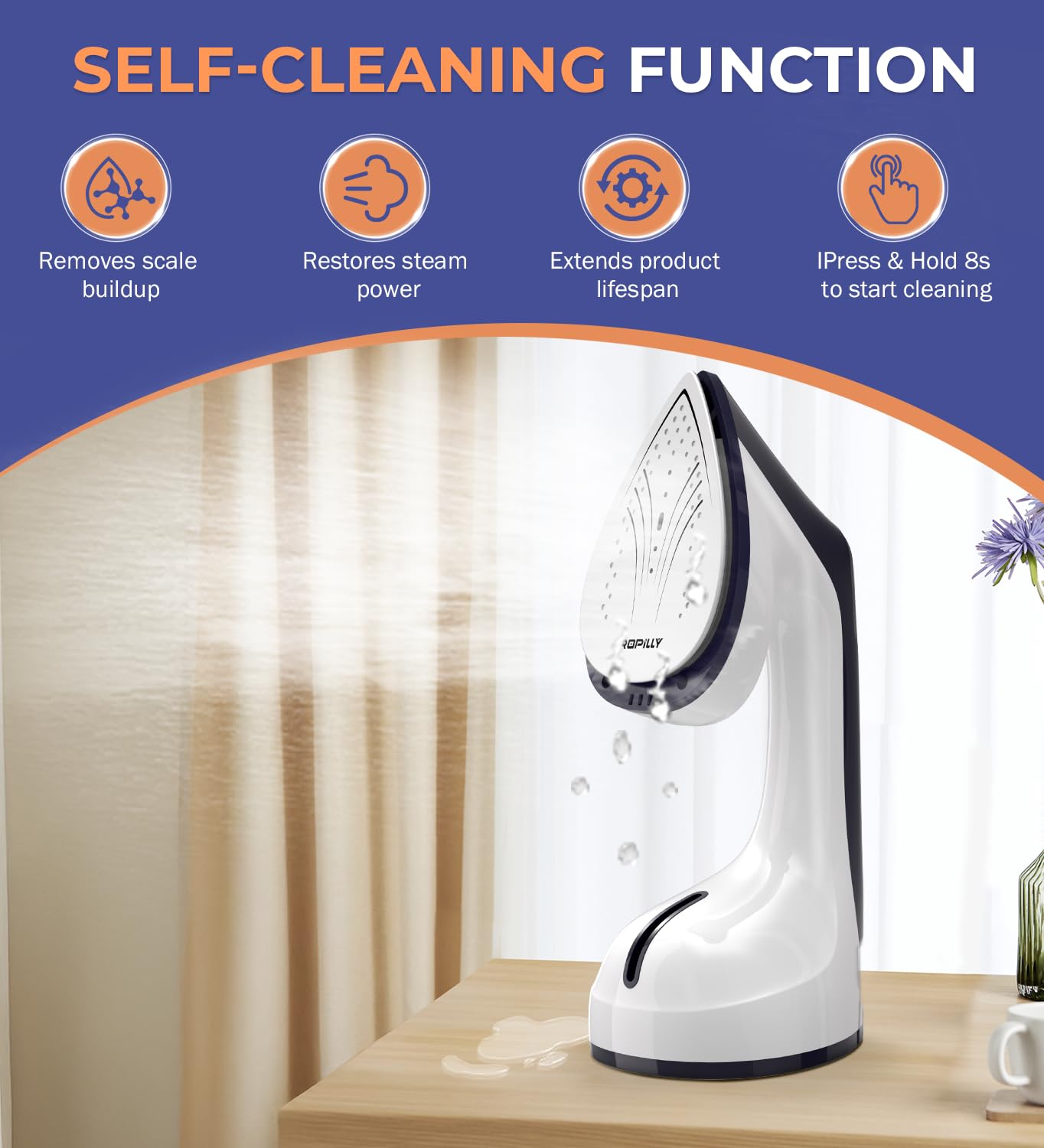 Ropilly Steam Iron for Clothes, 1600W 2-in-1 Iron & Steamer with Detachable Ceramic Soleplate, Converts from Steamer to Iron in Seconds, Auto-Off, Self-Cleaning, Wrinkle Remover for All Fabrics
