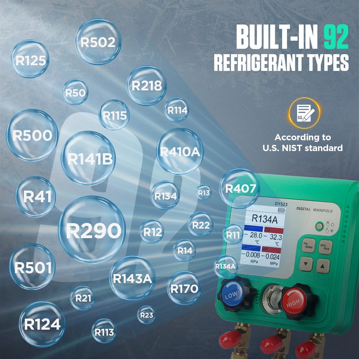HVAC Gauges, 92 Refrigerant Digital Manifold Gauges HVAC Manifold Gauge Set R134A R410A Gauges AC Gauges Kit with Hose Digital Refrigerant Gauge Pressure Vacuum Test with 2.4" HD Color Display