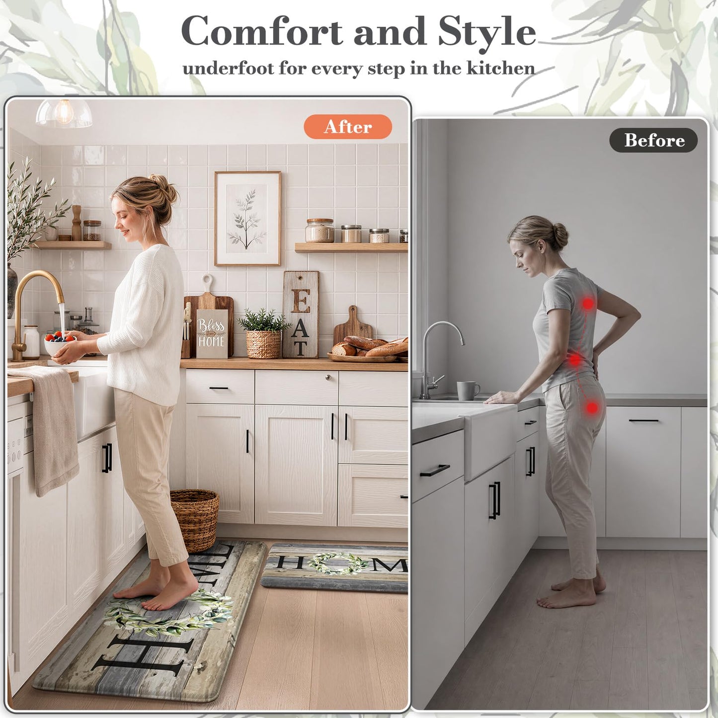 KIMODE Kitchen Mats for Floor 17"x47"+17"x29", Farmhouse Kitchen Rugs Sets of 2, Anti Fatigue Mats for Kitchen Floor, Cushioned Comfort Kitchen Floor Mats for Sink, Laundry, Desk Grey