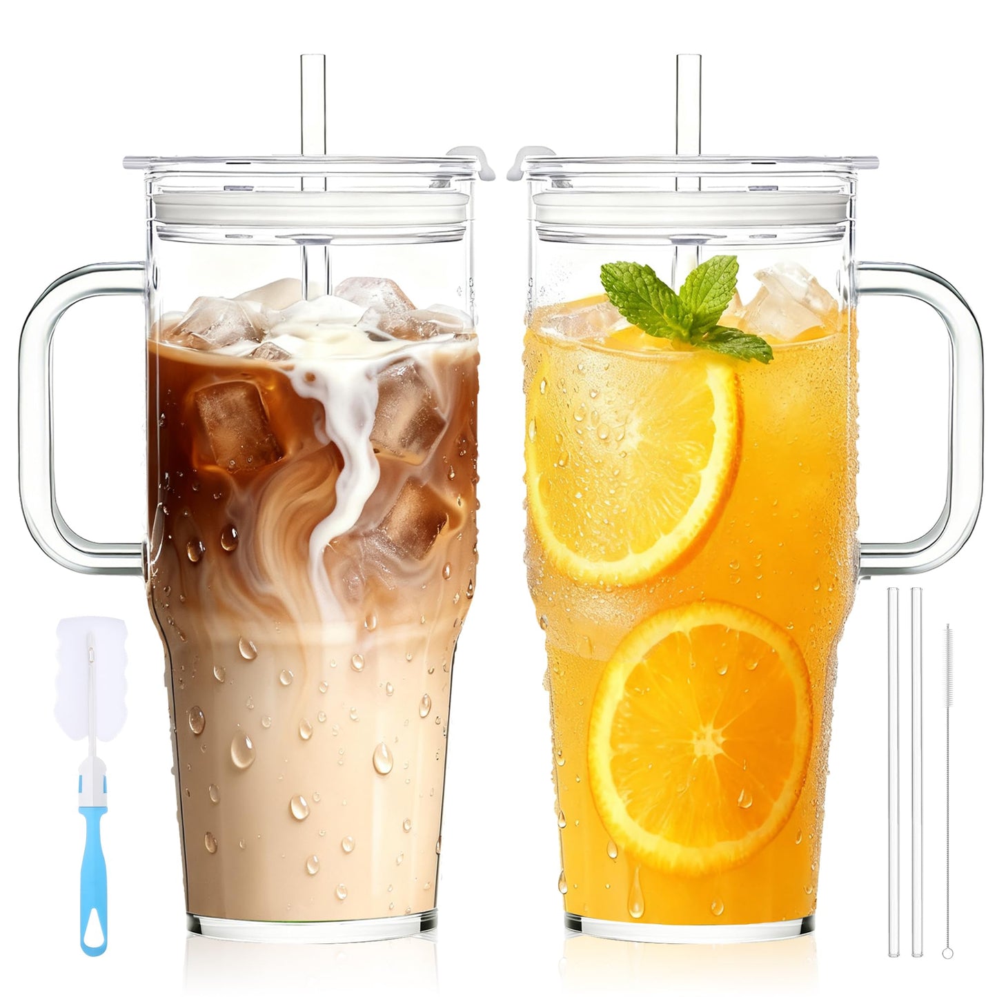 2Pack 40OZ Glass Tumbler with Handle,Glass Cup with Lid and Straw,Reusable Glass Iced Coffee Cup for Beer, Smoothies, Juice,Hot/Cold Drinks-Suitable for Birthday,Wedding