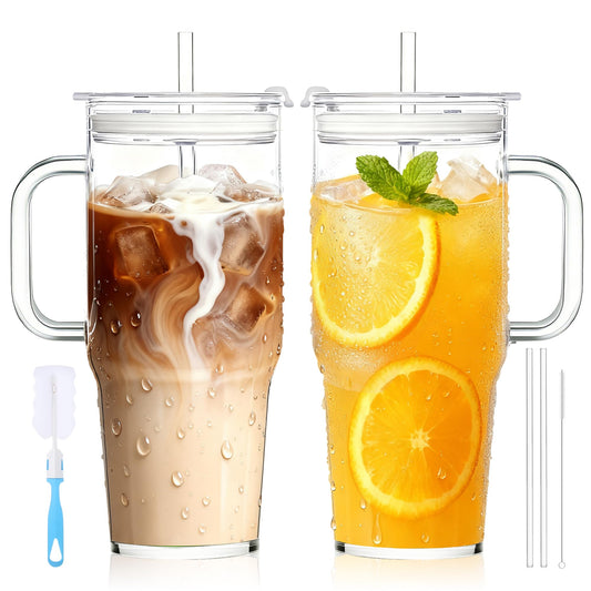 2Pack 40OZ Glass Tumbler with Handle,Glass Cup with Lid and Straw,Reusable Glass Iced Coffee Cup for Beer, Smoothies, Juice,Hot/Cold Drinks-Suitable for Birthday,Wedding