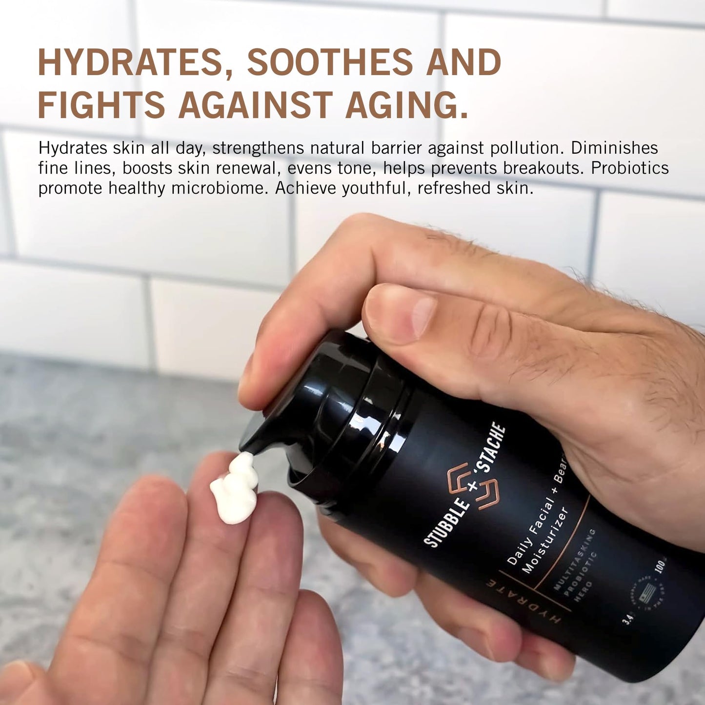 stubble & stache Beard & Face Moisturizer for Men - Hydrating Lotion with Hyaluronic Acid, Niacinamide, Argan Oil, Aloe Vera, Jojoba Oil, & Vitamin A for Dry Skin & Beard Conditioning - 3.4 fl oz