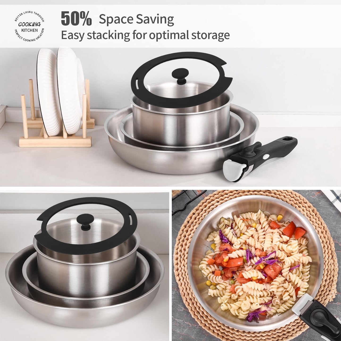 Inqibee Tri-Ply Stainless Steel Cookware Set with Detachable Handle, Removable Handle Pots and Pans Set 6pcs, Induction Kitchen Cooking Set for Home & RV Camping, Dishwasher and Oven Safe