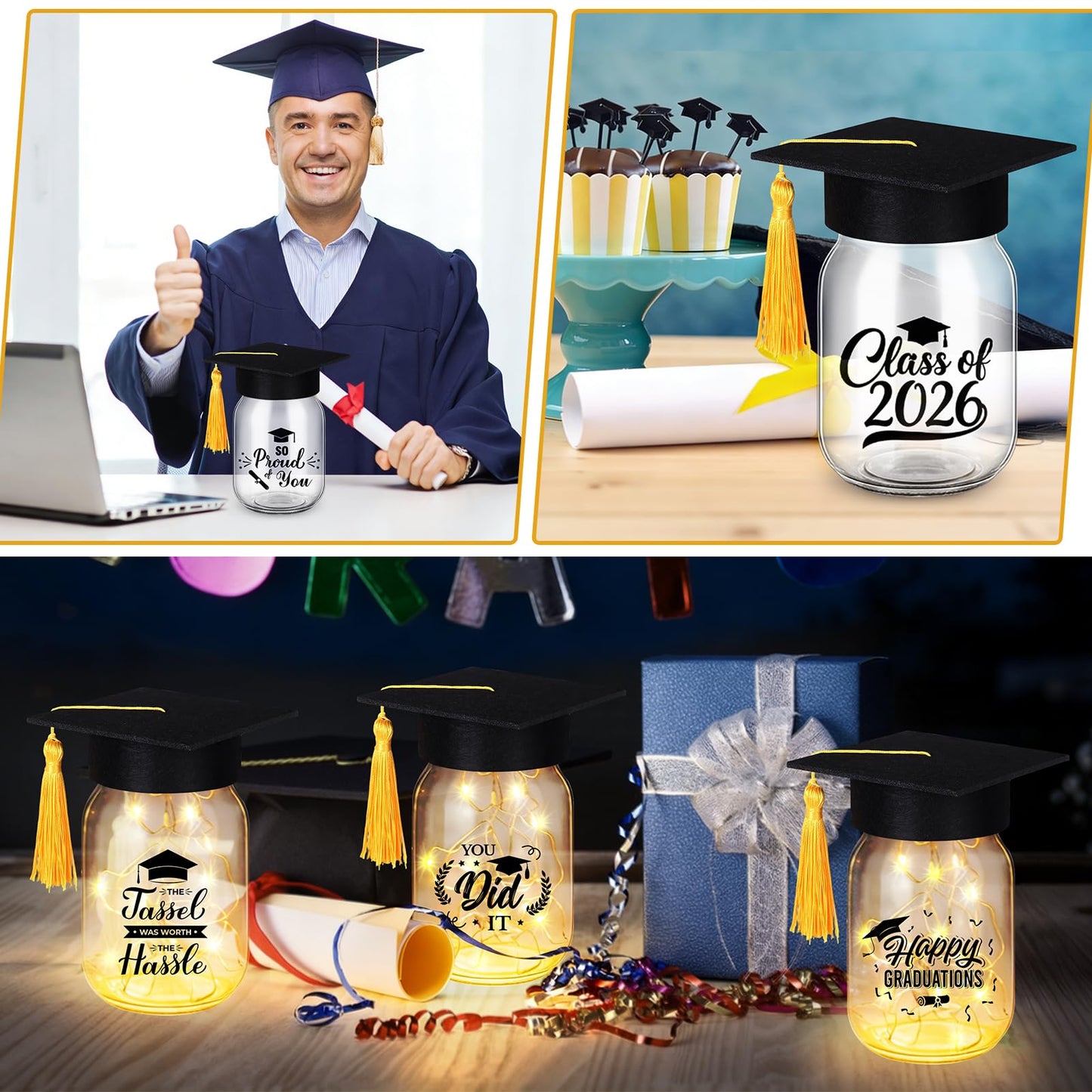 12 Sets 2026 Graduation Table Decoration with Lights, Light up Glass Mason Jars with Printed Designs for Class of 2026 Graduation Table Centerpieces Decor with Grad Hat for Congrats Grad Party Favor
