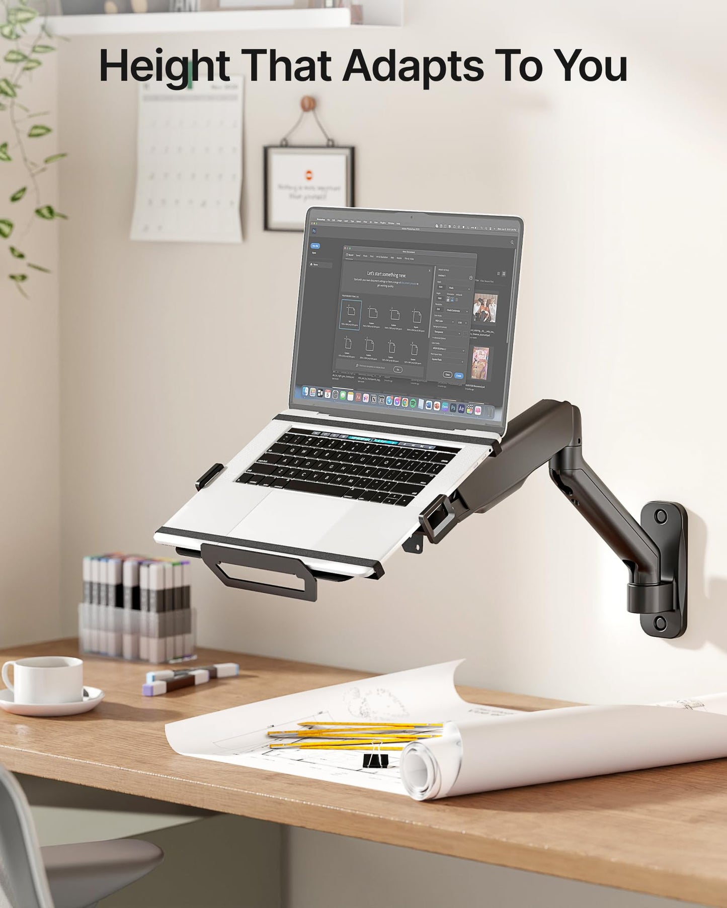 monTEK Laptop Arm Wall Mount, 2-in-1 Full Motion Monitor & Laptop Stand with Adjustable Tray, Fits Max 18" Notebook and 32" Screen, Metal Ergonomic Single Monitor Holds Up to 19.8lbs