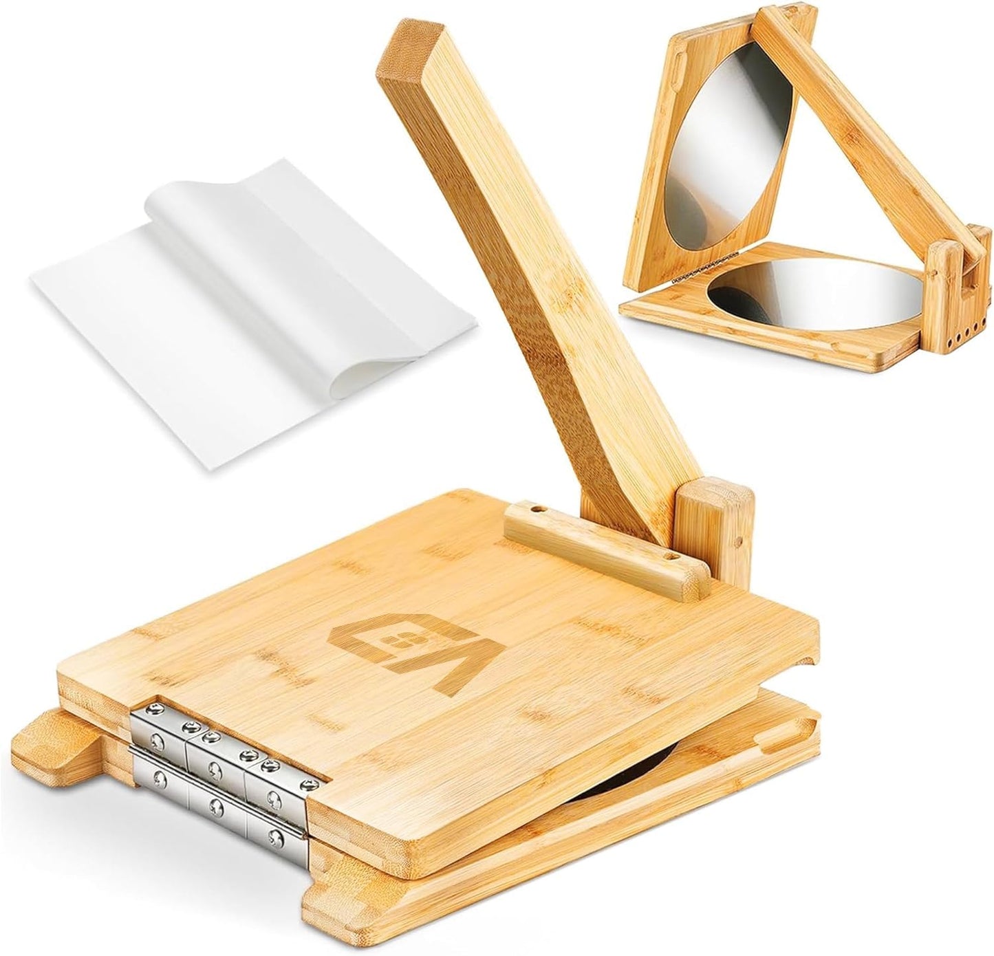 Wooden Tortilla Press, 10 inch Roti Maker and Tortilladora with Stainless Steel Patch, Tortilla Maker Press with 50 Pcs Parchment Paper, Heavy Duty Prensa Para Tortillas for Kitchen