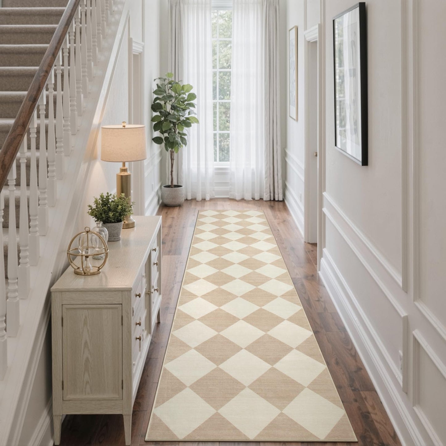 Beeiva Checkered Print Long Hallway Runner Rug Non Slip, Beige Ultra Thin 2.5x10 Washable Runner Rug, Moroccan Trellis Home Decor Faux Wool Neutral Carpet for Bathroom Kitchen Hallways, 10ft