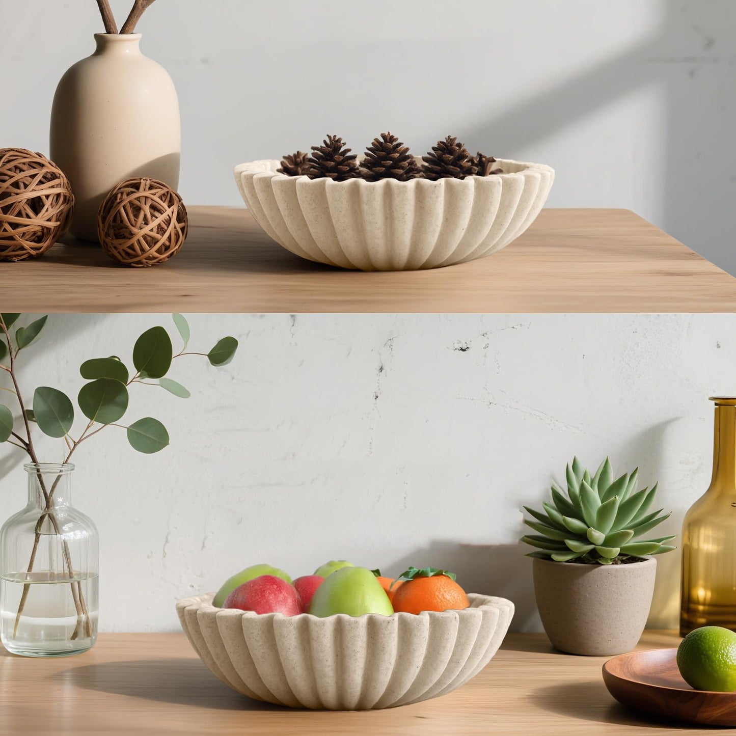 Plukers 10'' Scalloped Decorative Key Bowl for Entryway Coffee Table - Catchall Trinket Large Candy Fruit Purse Holder Kitchen Countertop Console Modern Home Decor, Artificial Stone Beige