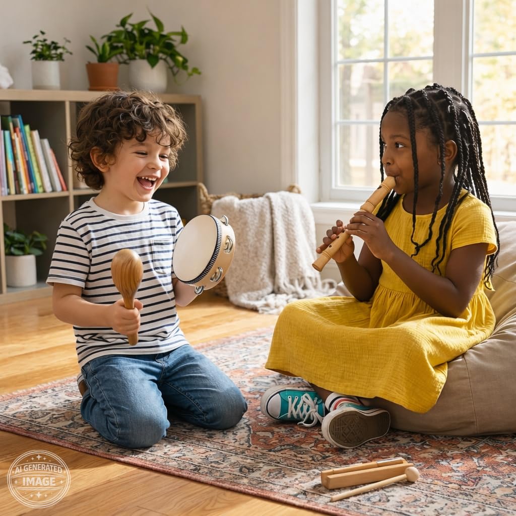 Stoie's Wooden Toddler Musical Instruments with Drum, Hand Bells, Flute, Maracas, Castanet, Tamburine, for Babies and Kids, Eco Friendly Montessori Educational Toy