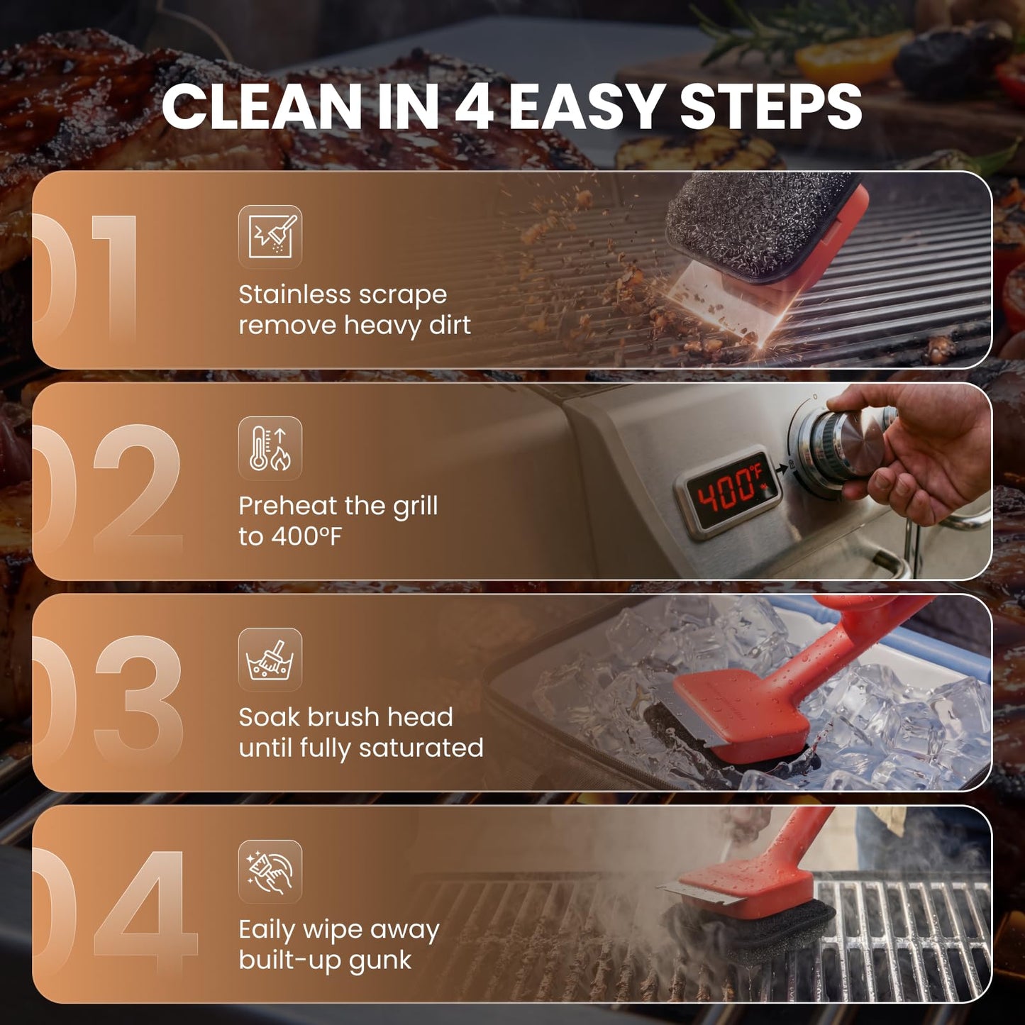 ThermoMaven BBQ Grill Brush Bristle Free - 17" Safe Steam Grill Cleaner Brush with Scraper and 5 Brush Heads for Porcelain/Gas/Charcoal Grill Outdoor Grill Barbecue Cleaner