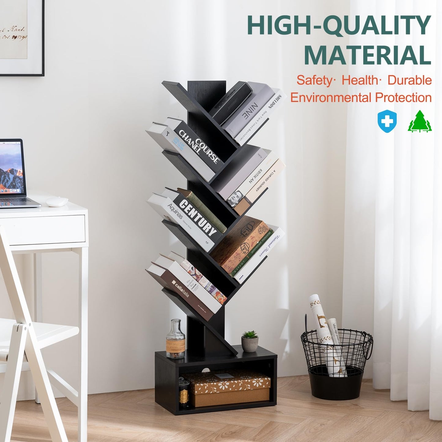 Yoobure Tree Bookshelf, 6 Tier Small Book Shelf Retro Floor Standing Bookcase, Wood Book Storage Organizer Rack, Tall Narrow Bookshelves for Corner/Bedroom/Living Room/Home Office, Black