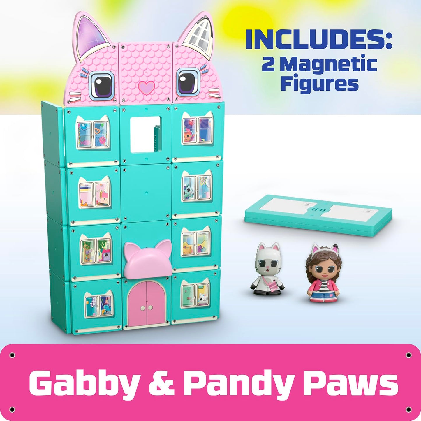 Tile Town Gabby's Dollhouse Tile Set with Gabby and Pandy Paws Figures, Magnetic Building Set, Interactive Toy, Safe and Creative Magnet Tiles, Buildable Tile Sets for Kids 3+