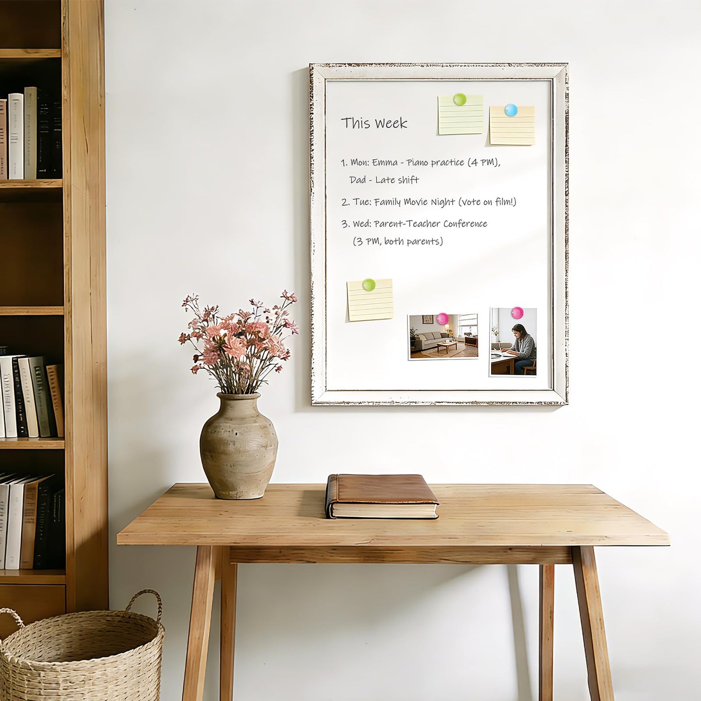 QUEENLINK White Board for Wall, 24" x 18" Magnetic Dry Erase Board, Rustic Wooden Frame Decorative Whiteboard, Wall Mounted, Distressed Whitewash, Aesthetic Writing Board for Home, Office, School