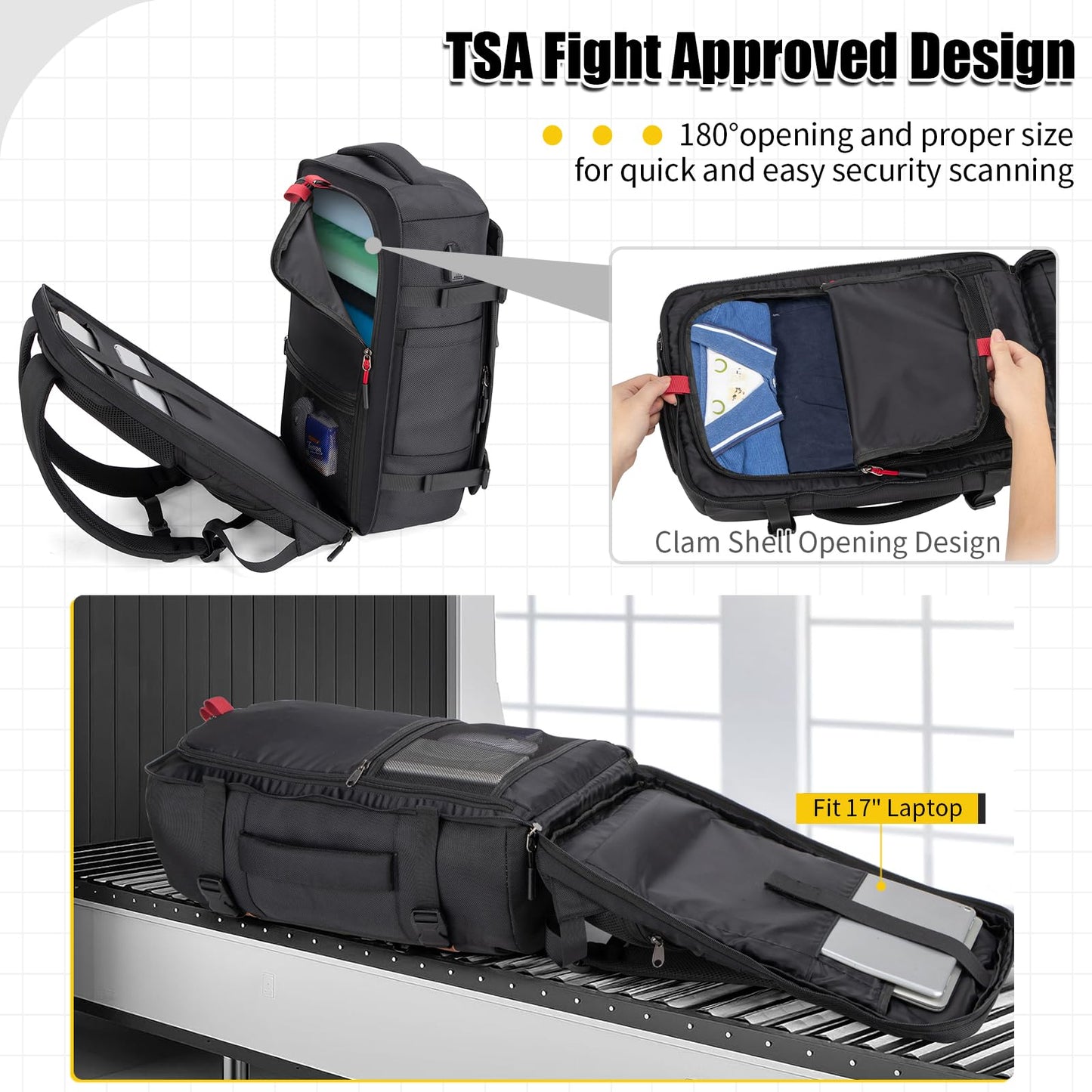 Velaybor 42L Travel Backpack with 4 Packing Cubes, TSA Friendly Flight Approved Carry-On Bag with USB Charging Port, Water-Resistant Weekender Business Backpack for Men Women, Fits 17.3" Laptop(Black)