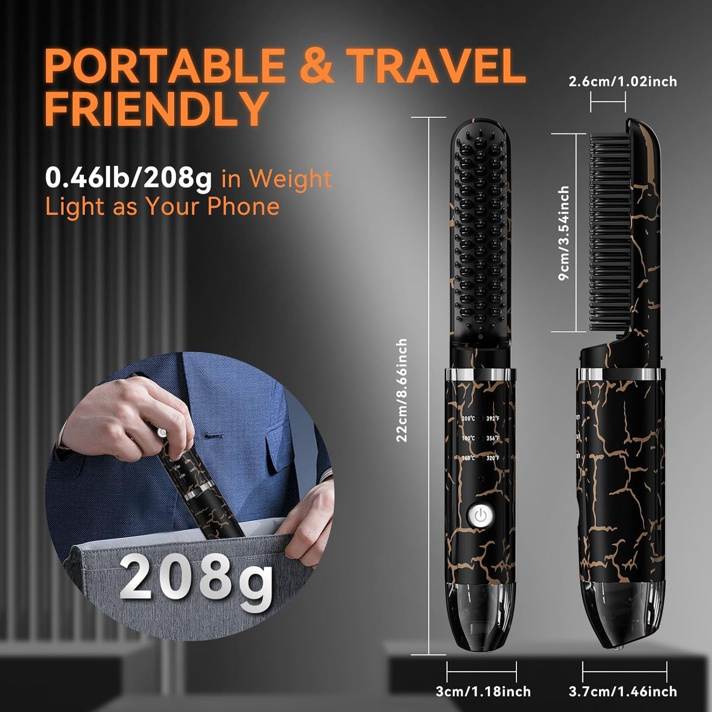 Beard Straightening Heat Brush for Men Cordless Beard and Hair Straightener Hot Comb with 3 Temp Settings, Mini and Anti-Scald丨Auto Shut Off for Home Travel, Gifts for Men