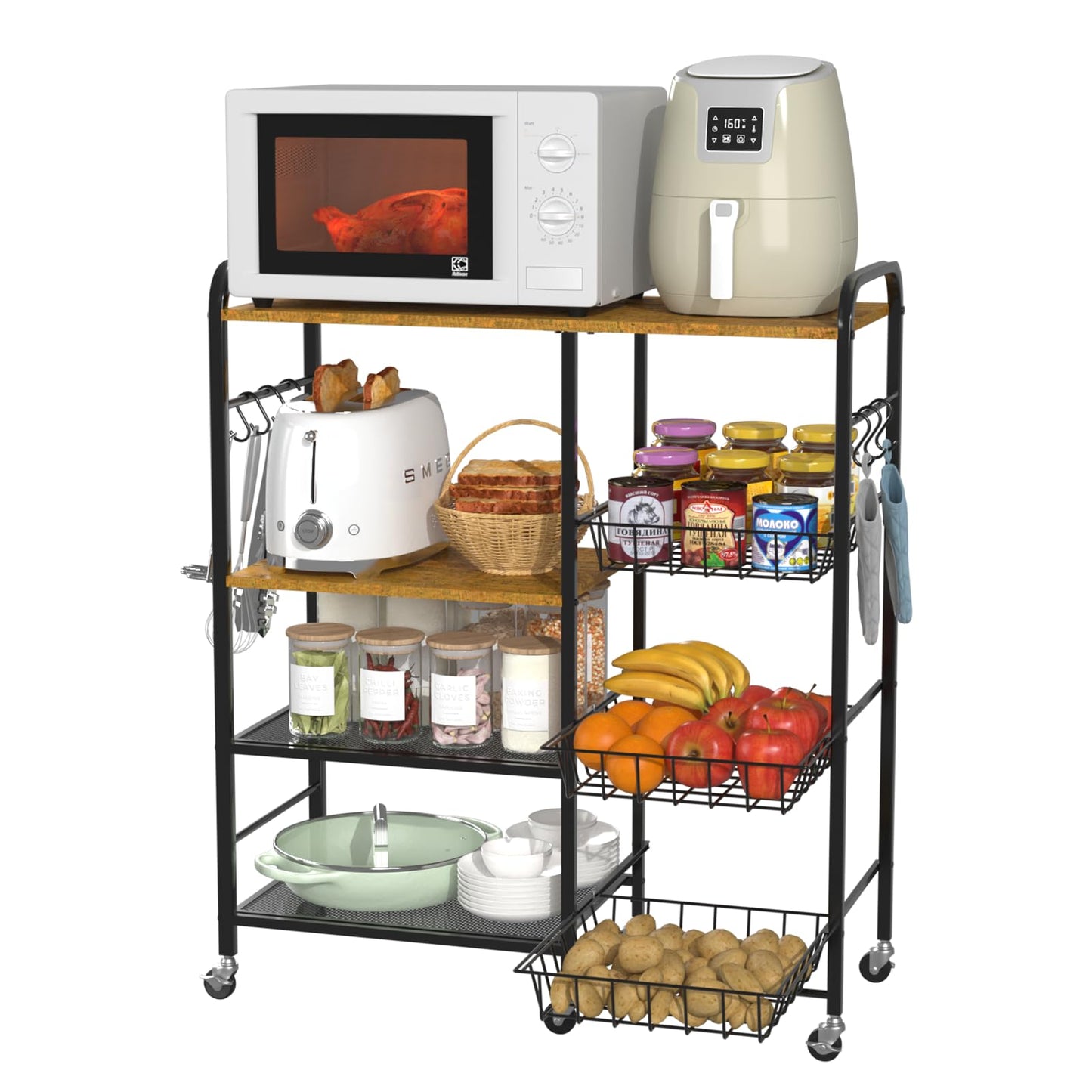 HapiRm Rolling Kitchen Microwave Cart - 4 Tier Microwave Table Stand with Pull-Out Baskets, Coffee Bar Baker's Rack with Wheels Rolling Storage Cart Organizer Shelf for Living Room Office, Balcony