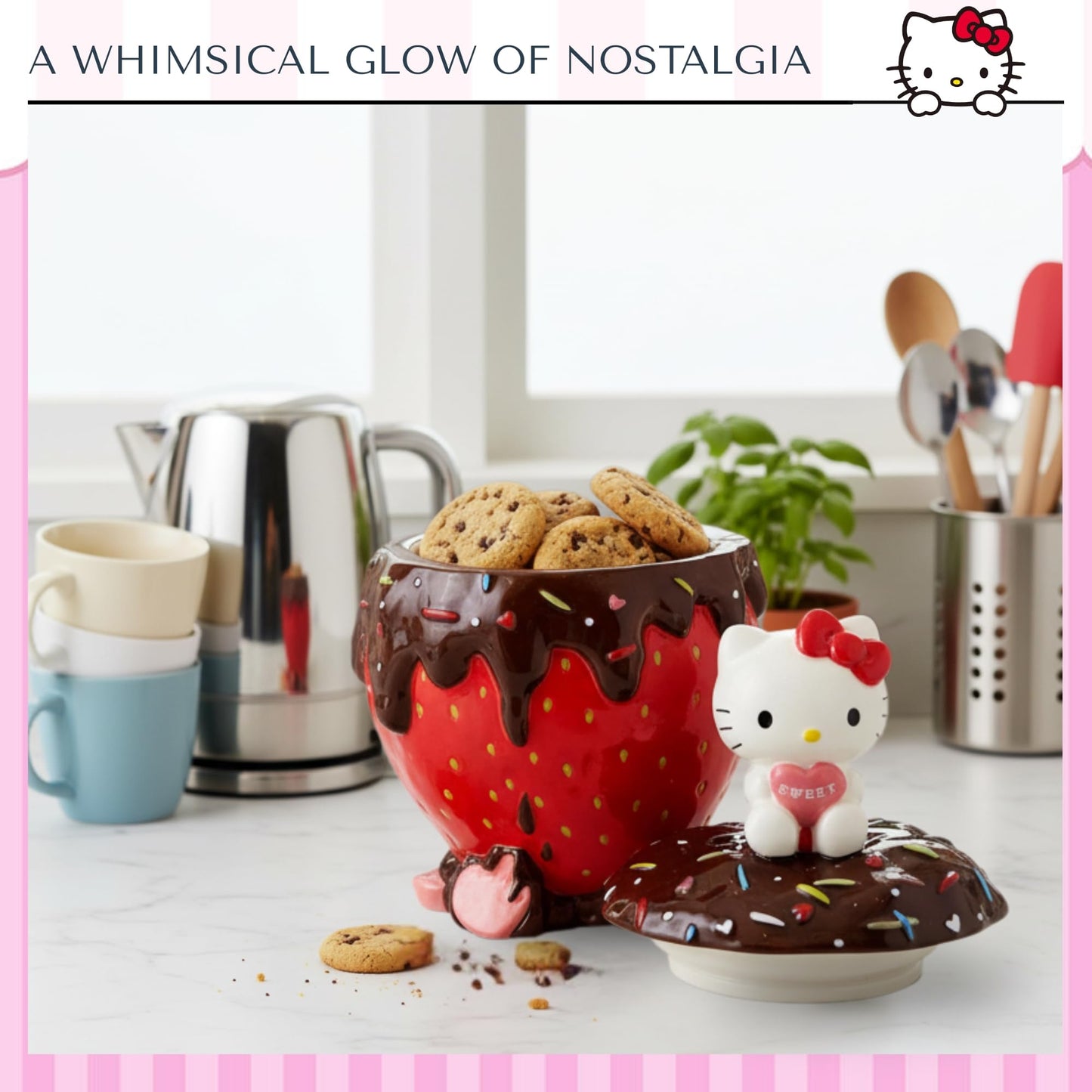 Blue Sky Clayworks Hello Kitty Strawberry Cookie Jar, Ceramic, 7" L x 6.25" W x 11.25" H, Chocolate-Drip Berry Sweet