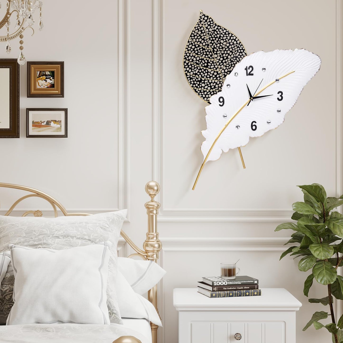 Anmotpe 18x27 inch Large Modern Feather Leaf Shape Wall Clock for Living Room Decor, White Unique Silent Decorative Art Clock for Home Bedroom Office Dining Kitchen