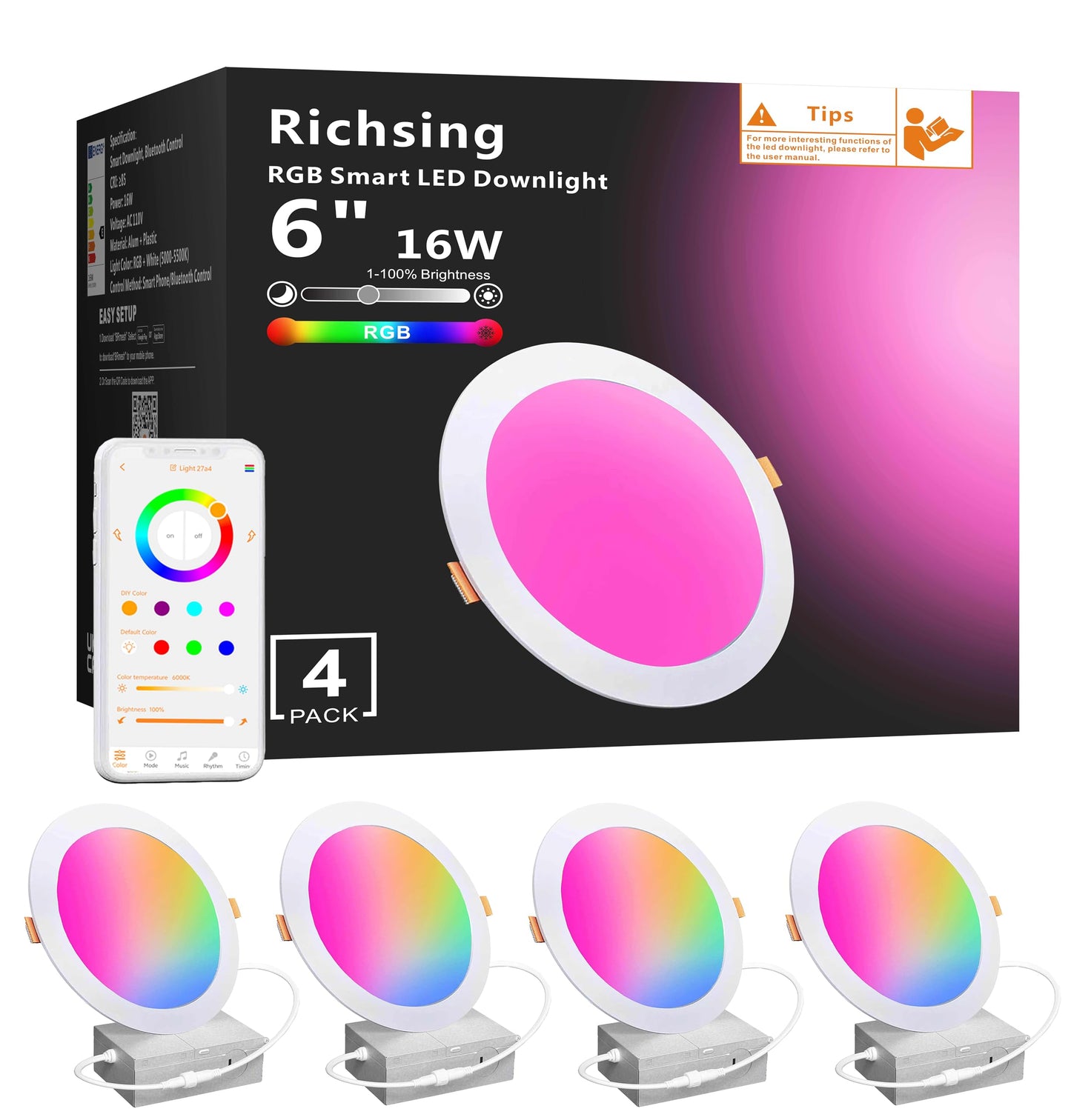 RICHSING Recessed Lighting 6 inch, 4Pack RGBCW Recessed Ceiling Lights with Junction Box, 16W 1350lm LED Recessed Lights 2700 to 6000K Canless LED Downlight Dimmable by Alexa and APP