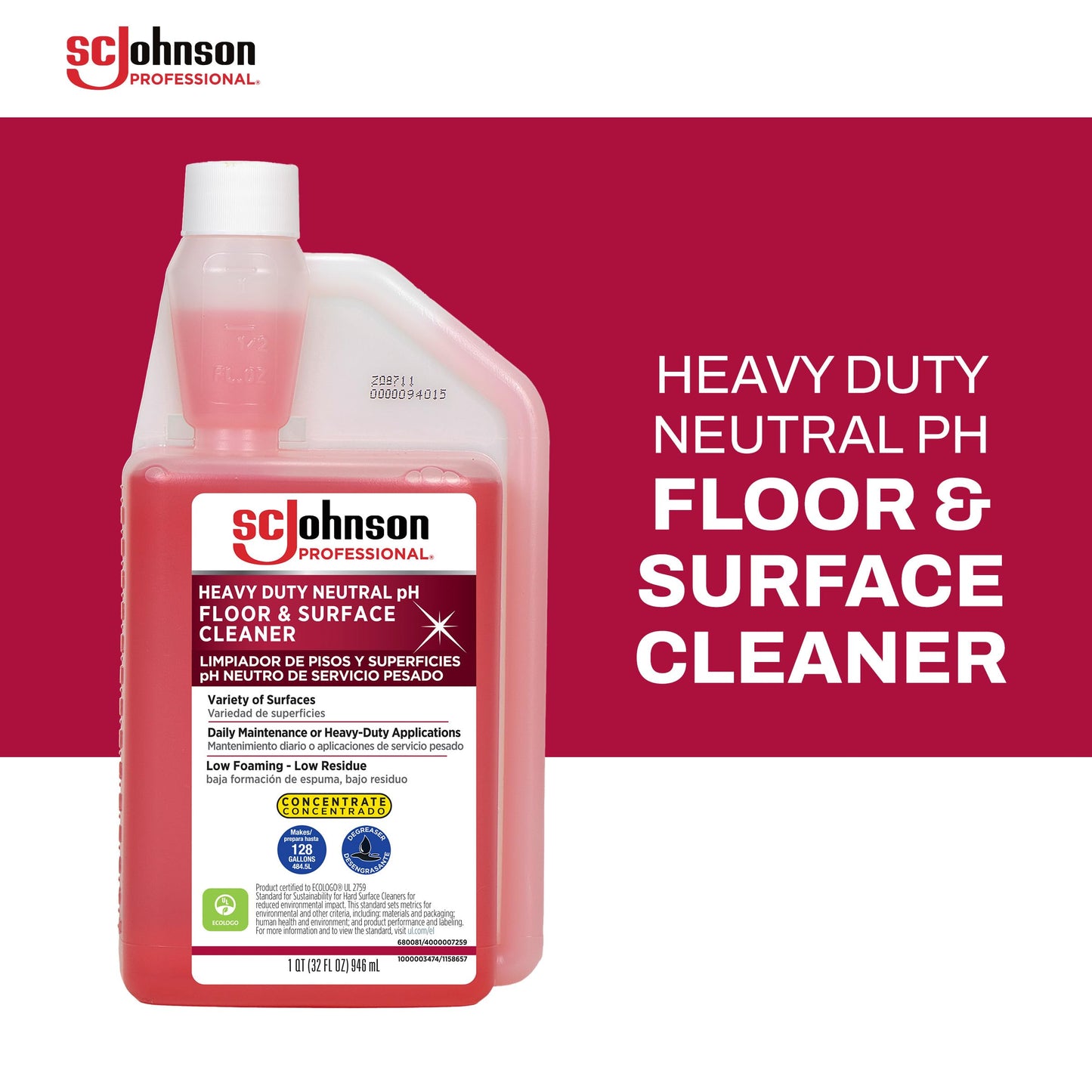 SC Johnson Professional Heavy Duty Neutral pH Floor and Surface Cleaner, Floor Cleaner Concentrate, 32 fl. oz. Bottle, Case of 2, for Professional Use Only