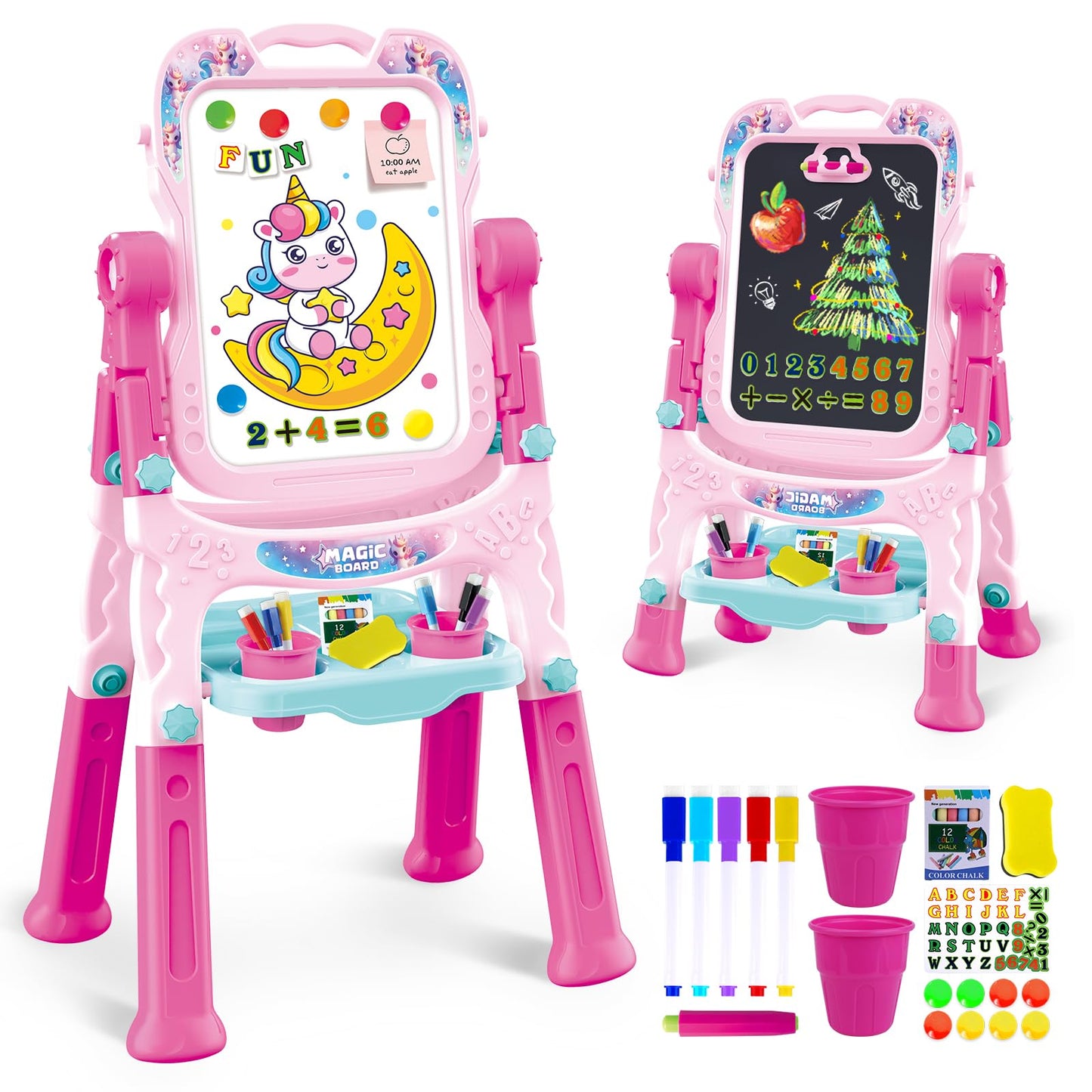 Art Easel for Kids - Adjustable Double-Sided Rotatable Magnetic White Board with Painting Accessories, Preschool Learning Toy for Girls 3-5 Years Old,Ideal Christmas Birthday Gift (Pink)