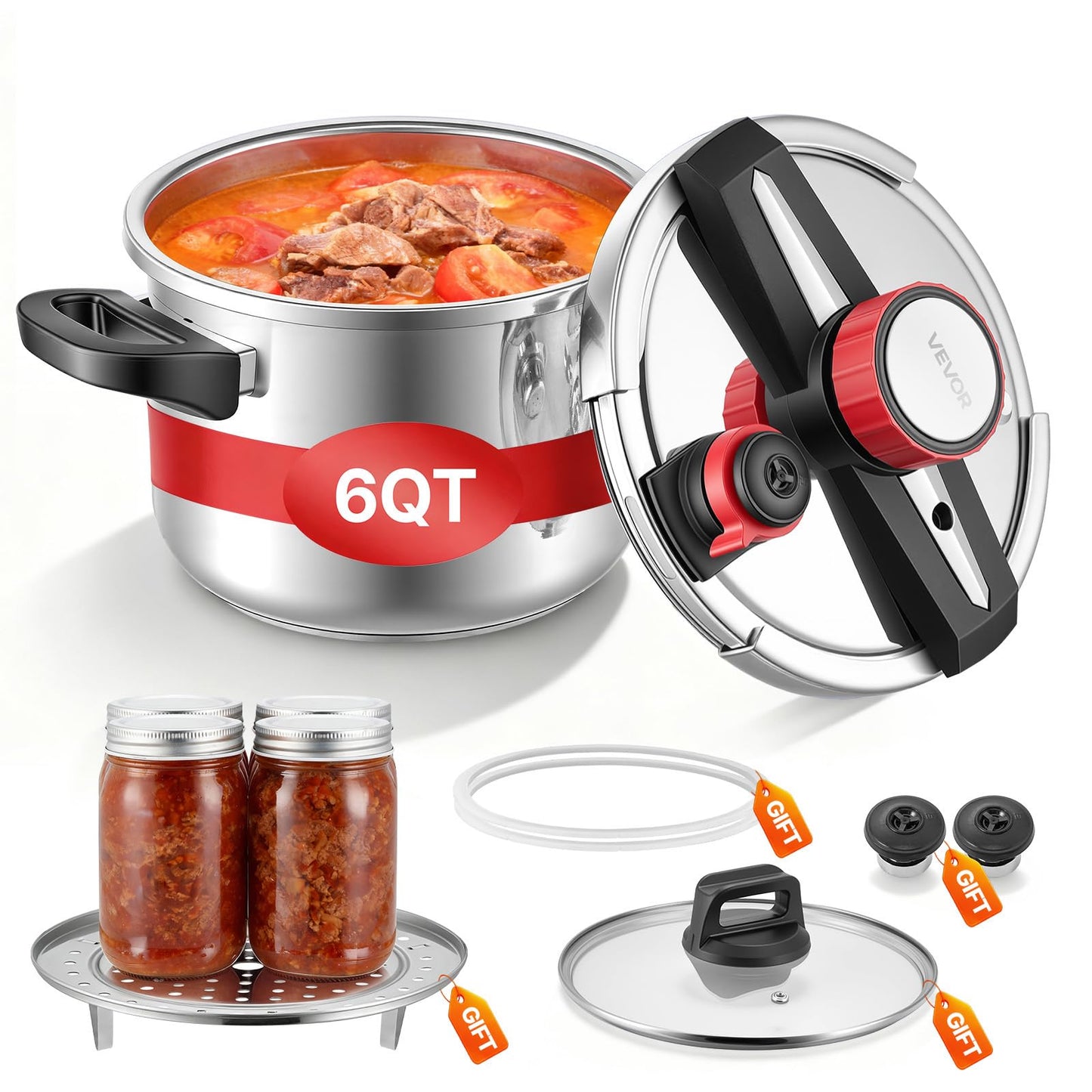 VEVOR Pressure Cooker, 6.3Qt Pressure Cooker Stainless Steel, Pressures Canner with Steaming Rack, Tempered Glass Lid, Three Pressures Settings for Meat, Beans, Rice, Soup, Sauces, Cook up to 100 kPa