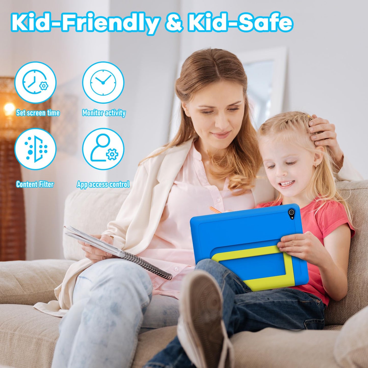 Jeazans Kids Tablet｜Upgraded Android 14 Tablet 10 inch for Kids with Protective Case｜Octa-Core｜64GB｜1TB TF Card Expandable｜Dual Camera｜Parental Control｜Pre-intalled KIDOZ｜Great Gift for Toddler(Blue)