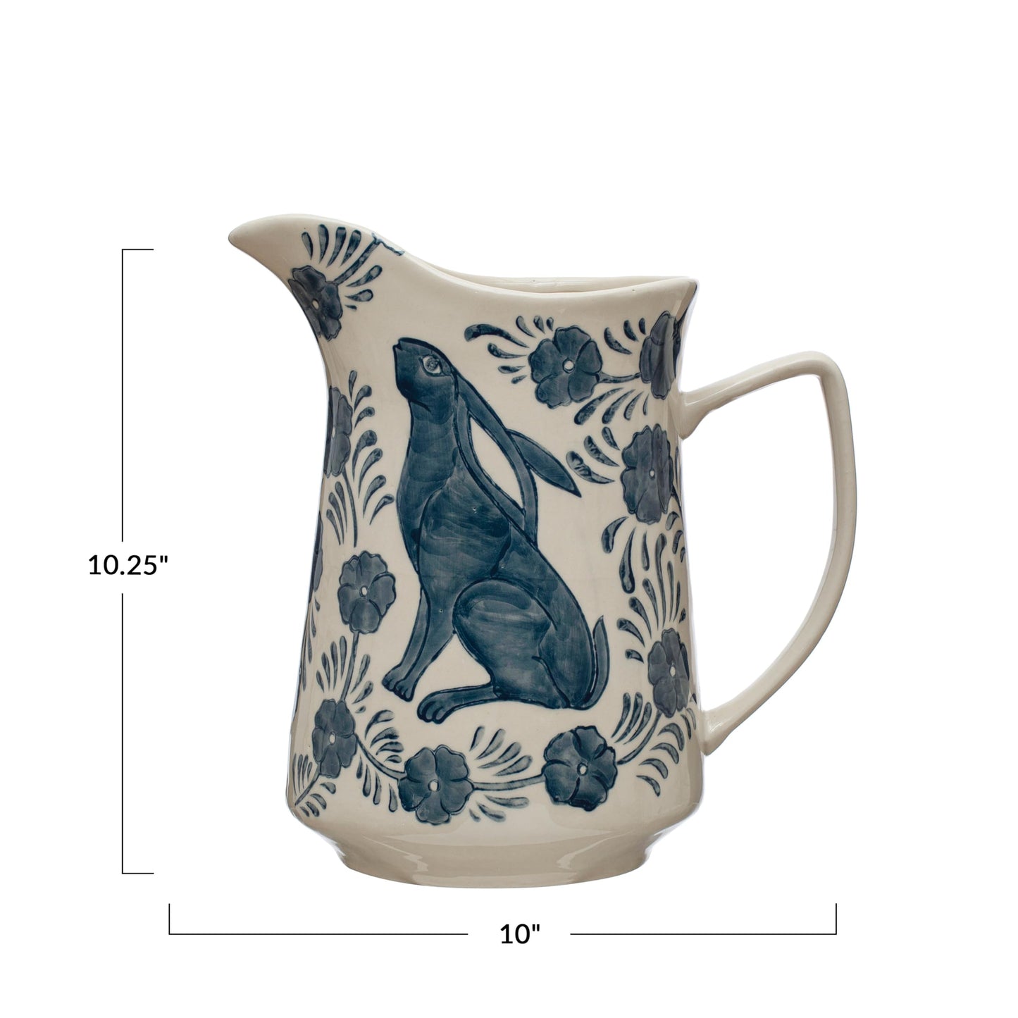 Creative Co-Op Stoneware Pitcher with Painted Rabbit and Florals, Blue and Cream