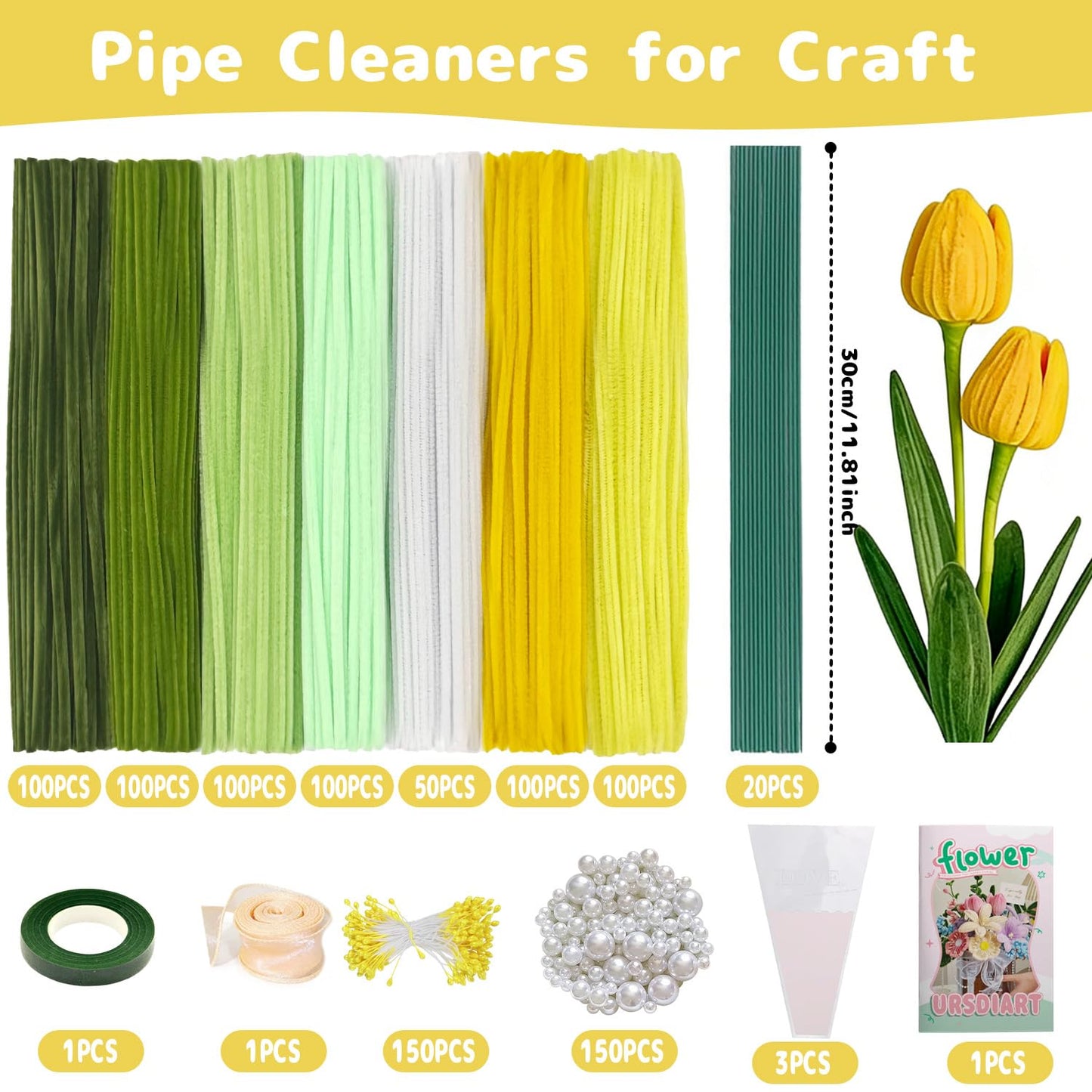 URSDIART 976PCS Pipe Cleaners,Pipe Cleaner Bulk Flowers Kit,7 Colors Chenille Stems for Flower Bouquet Making with Craft Wire,Stamen,Tape,Ribbon & More for DIY Projects & Arts (Green Colour)