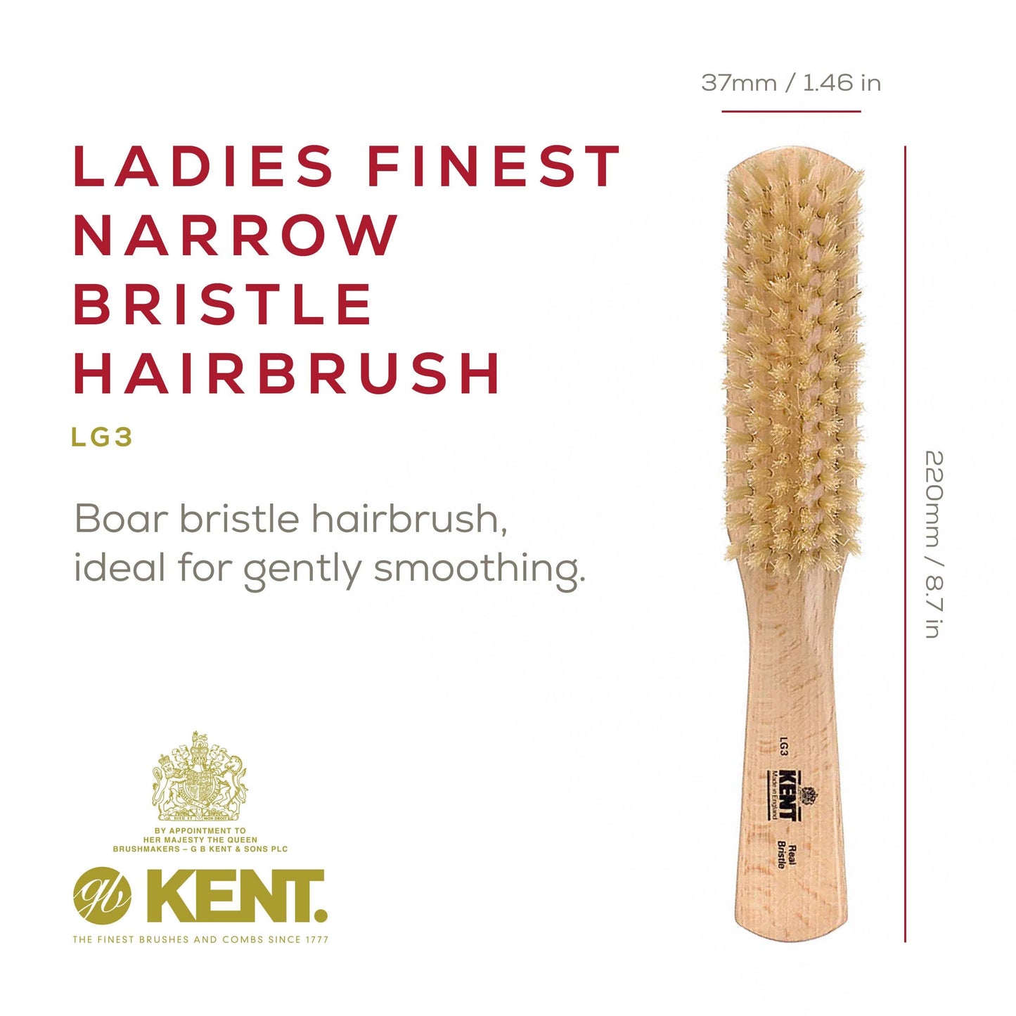 Kent LG3 Finest Hair Brushes for Women - Natural Beechwood and Boar Bristle Narrow Hairbrush for Fine or Medium Thickness Hair All Lengths - Dry Brush for Styling, Straightening, and Stimulating Oils