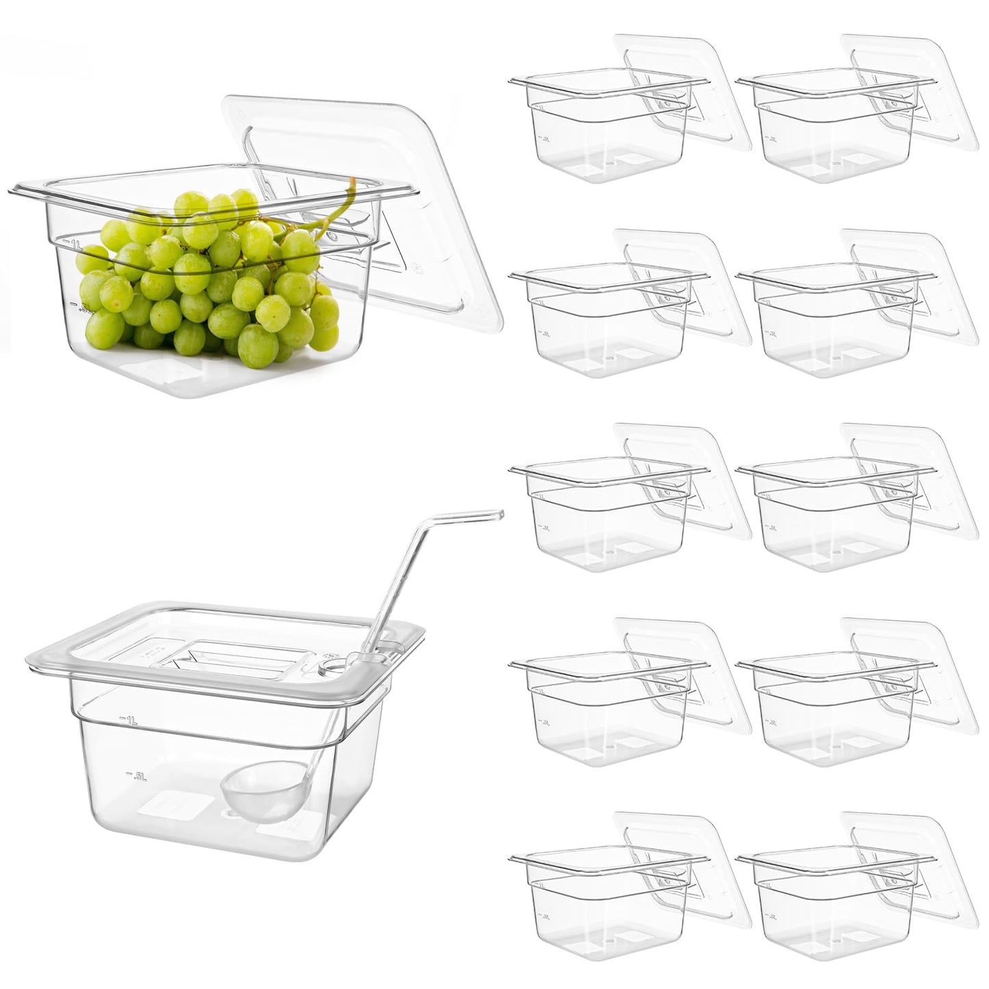 PYQTH 12 Pack Plastic Clear Food Pan with Lids, 1/6 Size 4'' Deep Commercial Stackable Polycarbonate Pans Hotel Food Storage Pan with 1 Pcs Spoon for Fruits Vegetables