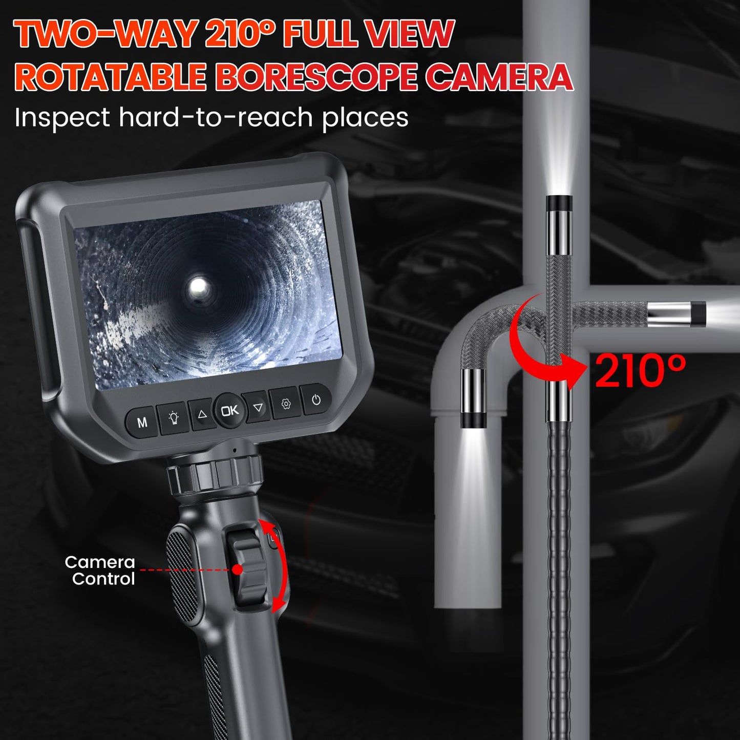 Two-Way Articulating Borescope Camera with Light, GODIAG Industrial Endoscope with 0.33in Articulated Snake Cam, Video Inspection Scope with Light for Automotive Aircraft Mechanics- 5.5FT
