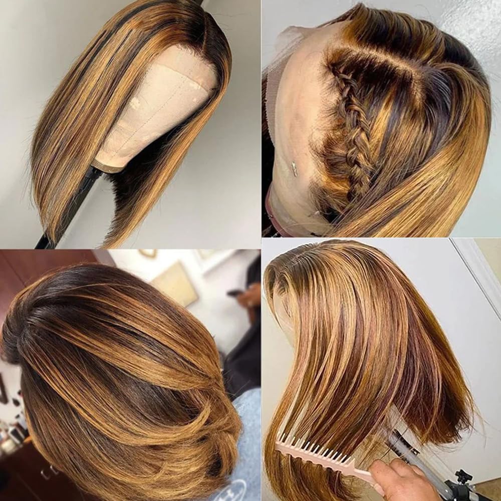 Superfect Highlight Lace Front Bob Wig Human Hair 14 Inch Ombre Honey Blonde 13x4 Hd Lace Front Wigs Human Hair Pre Plucked Middle Part 4/27 Colored Lace Frontal Wigs(14 Inch, 4/27 Highlight)