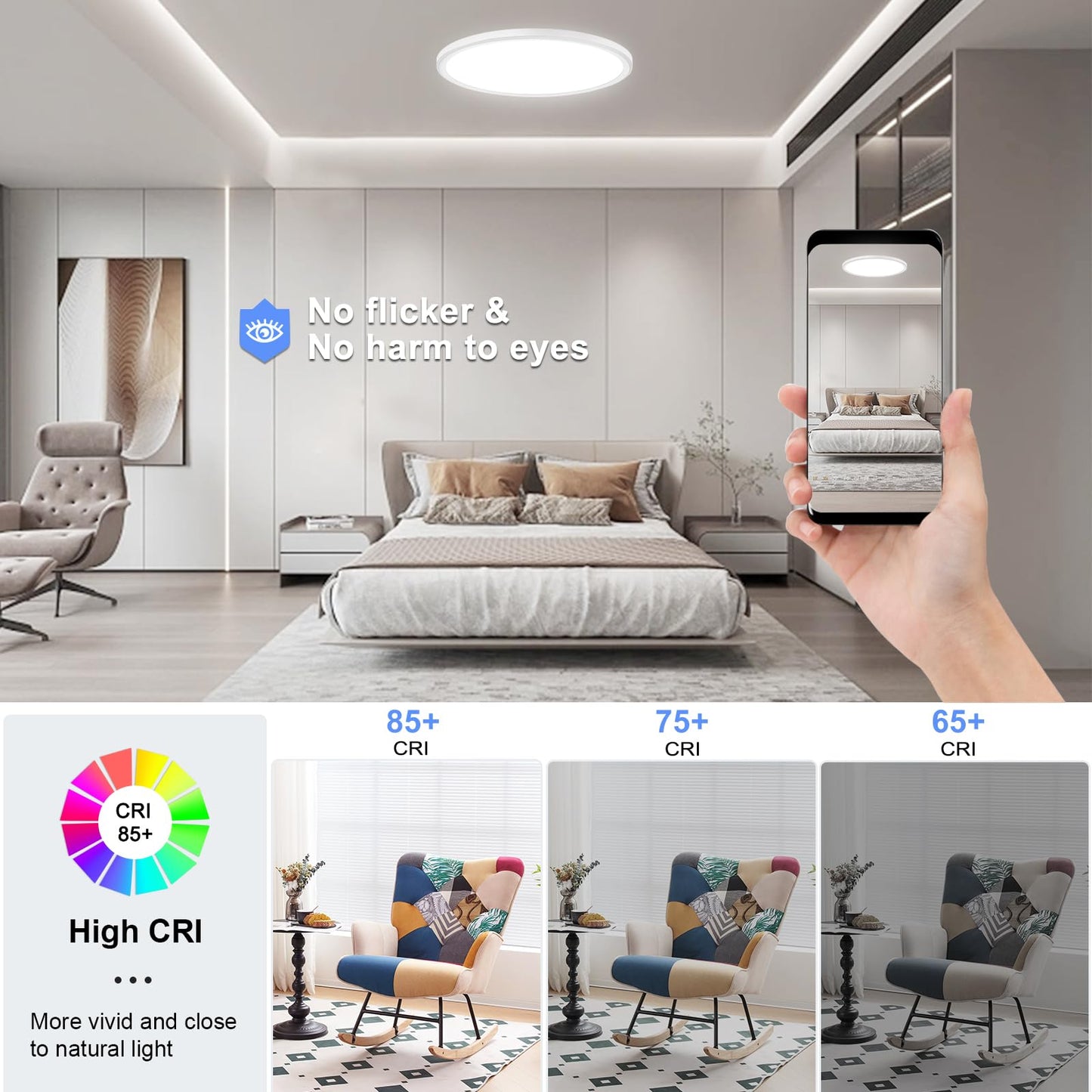 hunhun 16 Inch Dimmable LED Flush Mount Ceiling Light 4800LM Round Light Fixture 5 Color Temperature Selectable Super Slim Large Flat Ceiling Lamp for Living Dining Room White
