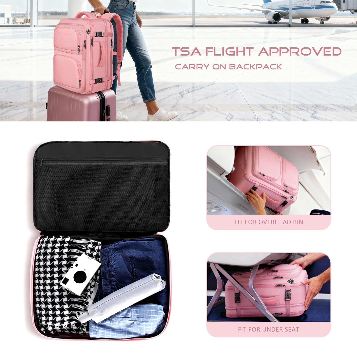 YGSNTG Travel Backpack for Women, 52L Carry On Backpack, Extra Large Expandable Travel Bag, 18.4 Inch TSA Flight Approved Luggage Personal Item Size with USB, Teacher Business Daypack, Pink