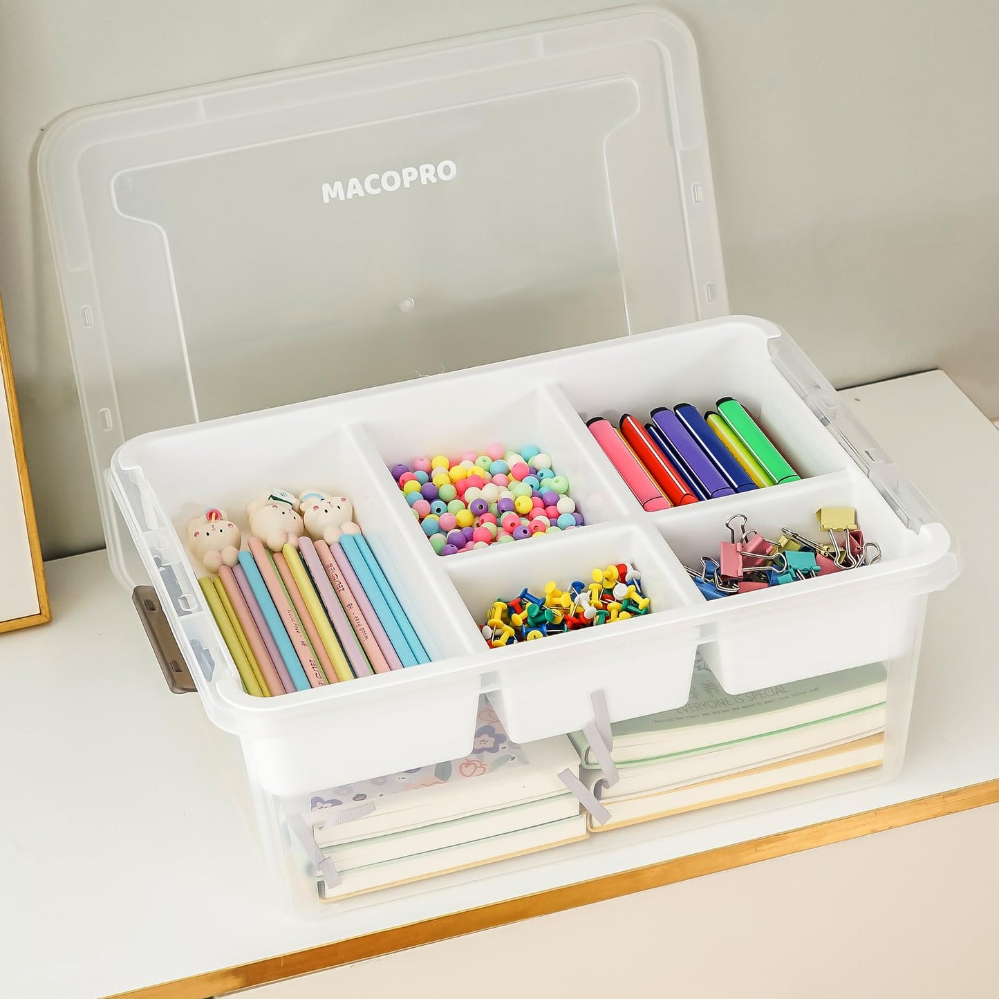 MACOPRO 17 QT Plastic Storage Box with Removable Tray, Bins with Lids, 2 Packs Clear Storage Container for Craft Supplies, Beads, Tools, Sewing, and Playdoh Organization(White, 2Pack-17QT)