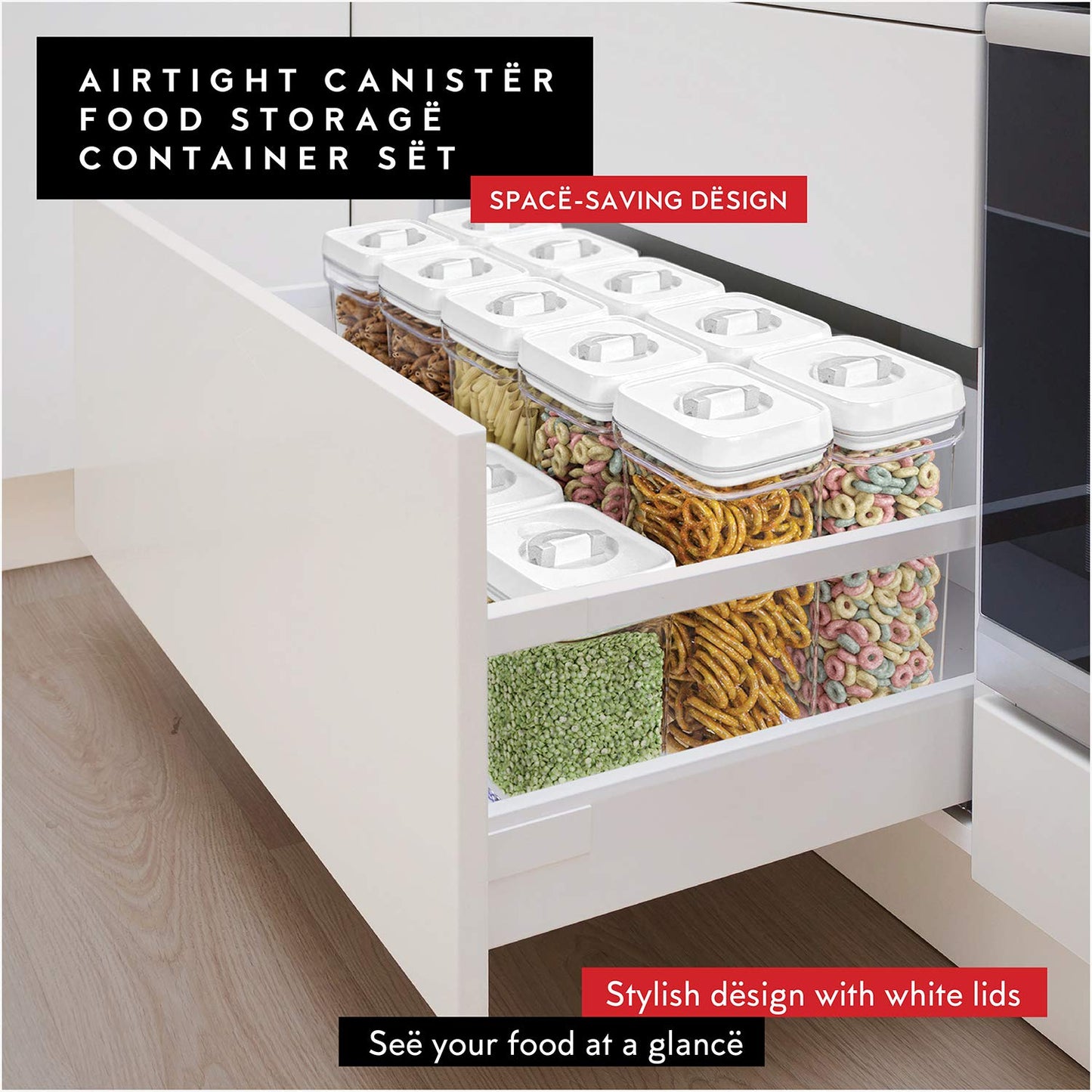 DWËLLZA KITCHEN Airtight Food Storage Containers for Pantry With White Lids – 6 Pack - Clear Air Tight Kitchen Containers Pantry Organization and Storage - BPA-Free Plastic - Keeps Food Fresh & Dry