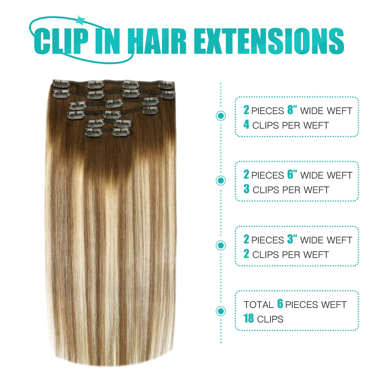 SURNEL Clip in Extensions Real Human Hair Balayage Clip in Hair Extensions 16 Inch 6pcs 100g Walnut Brown to Ash Brown and Golden Blonde Human Hair Clip Extensions (#3/8/22,16'')
