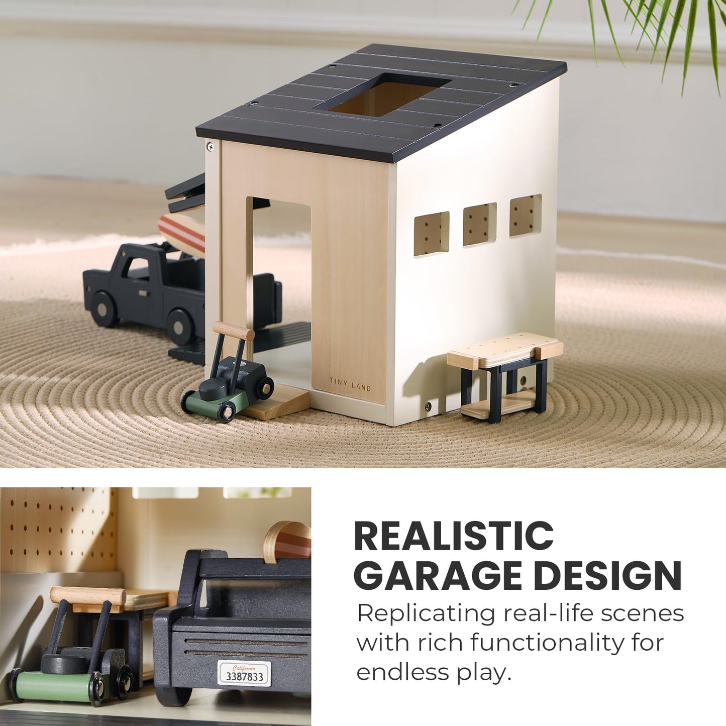 Tiny Land Wooden Dollhouse Garage Set – Realistic Design with Garage, Workbench,Lawn Mower & SUV Car, Expansion Dollhouse Furniture & Accessories for Doll house, Educational Pretend Play Gift for Kids