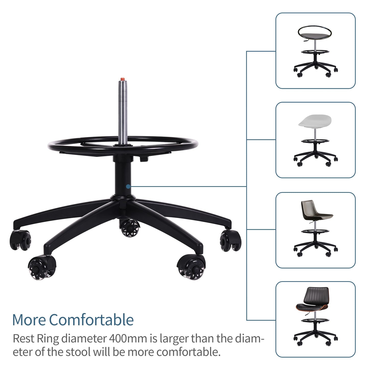 Frassie 17.7 inch Metal Chrome Office Stool Foot Rest Ring, Black Studio Drafting Chair Footrest Ring (Black)