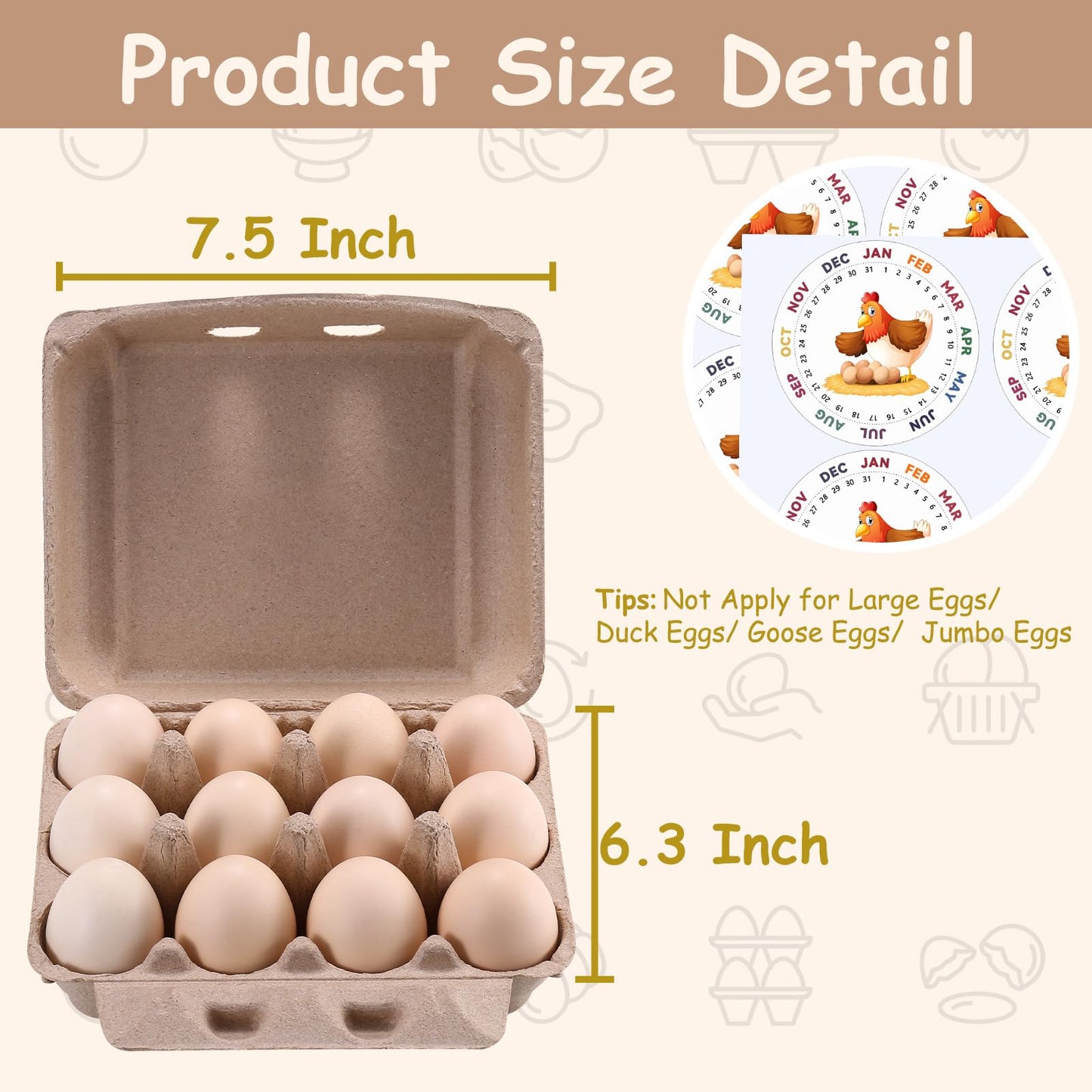 LayHyand 50 Pcs Vintage Egg Cartons with Labels, Square Dozen Egg Basket Blank Natural Paper Pulp, Classical 3x4 Style Holds Up to One Twelve 12 Count Chicken Eggs, Sturdy Eggs Box with Stickers