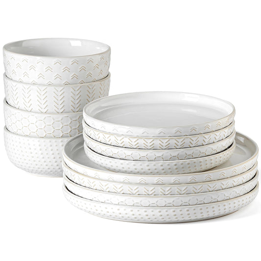Lareina Ceramic Plates and Bowls Sets, Farmhouse Dinnerware Sets for 4, Stoneware Dish Set of 12, Scratch Resistant, Dishwasher & Microwave Safe, Vintage White