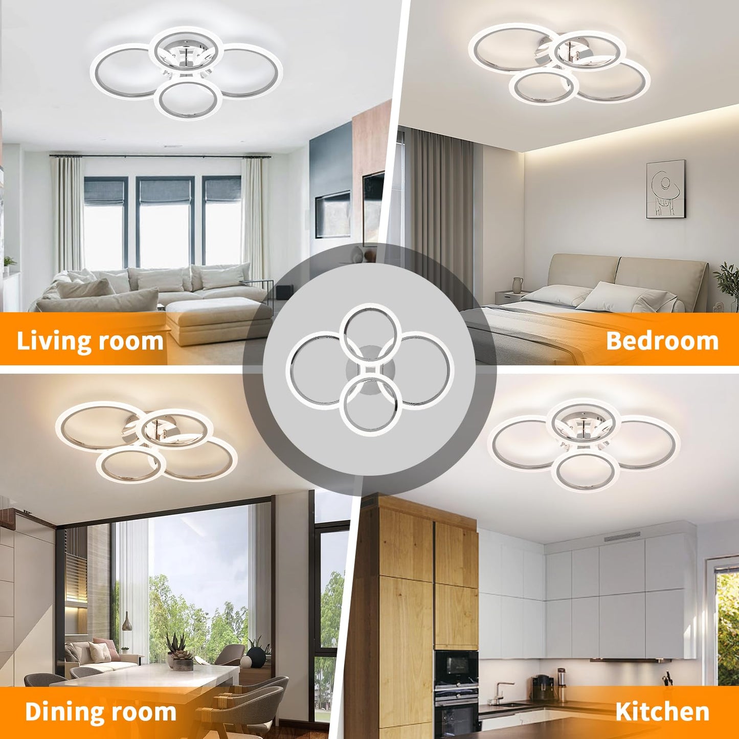 Vloitgol Modern LED Ceiling Light Fixture, 4 Rings Dimmable Flush Mount Ceiling Light with Remote, Acrylic Close to Ceiling Lighting Fixture for Low Ceiling Living Room Bedroom Kitchen (4 Heads)