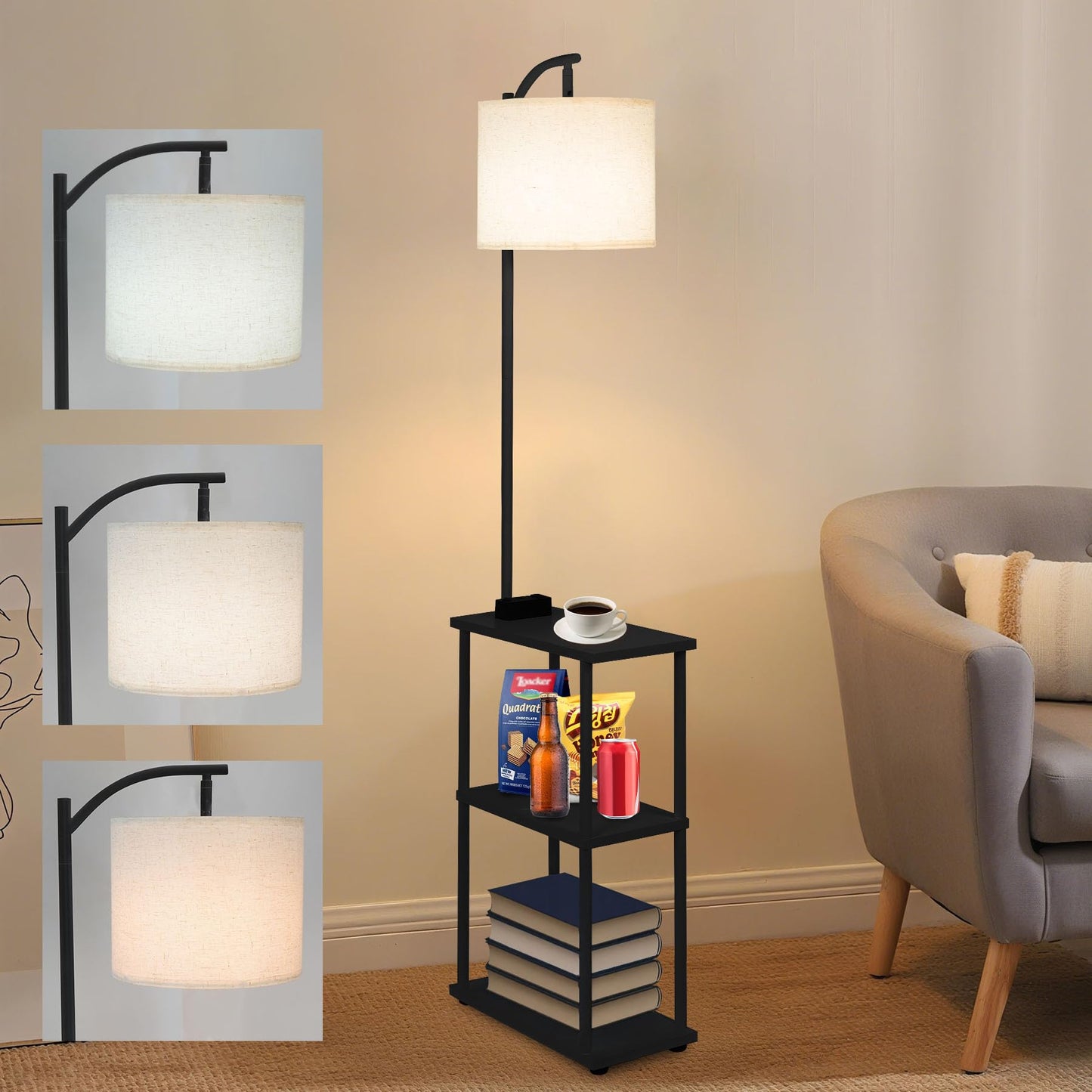 Qupui Floor Lamp with Table, Narrow Side Table with USB-A/USB-C Charging Station and AC Port, 3 Color Temperatures 12W LED Bulb, End Table for Bedroom, Living Room and Home Office, Black