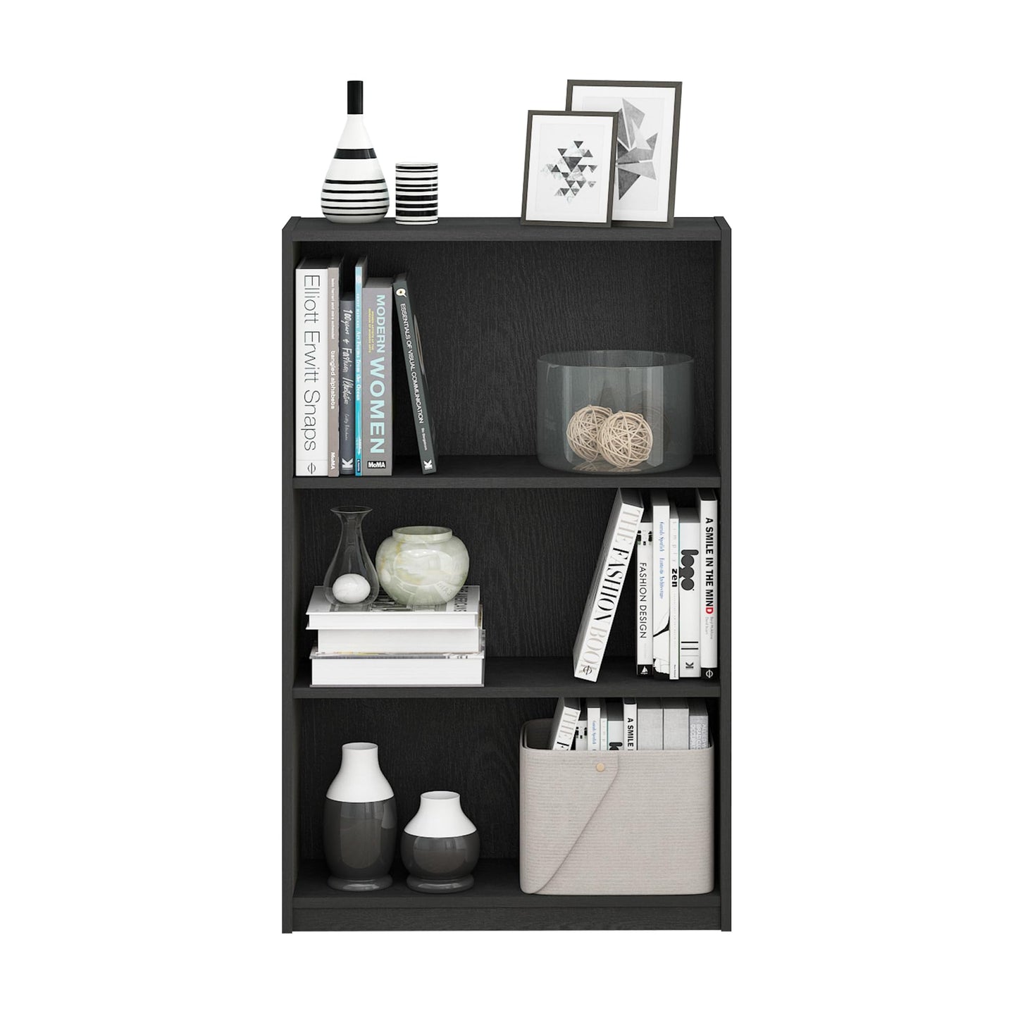 Furinno Jaya Book Shelf, 3-Tier Bookshelf, Bookcase with Adjustable Shelves, 9.5 x 24.5 x 40.3, for Organization and Storage, for Living Room, Bedroom, Home Office, Blackwood