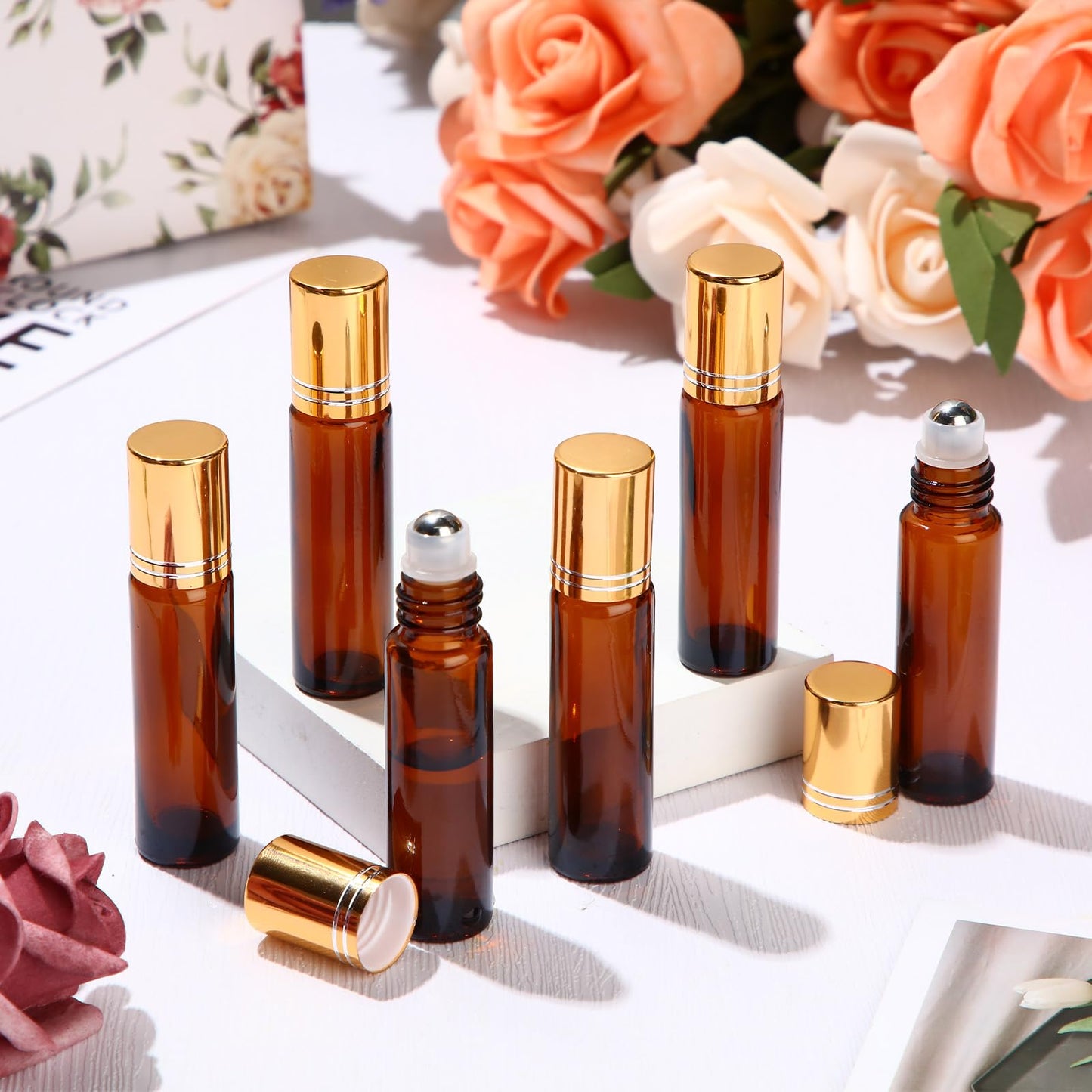 Tanlade 100 Pcs Essential Oil Roller Bottles 10 ml Amber Roll on Glass Roller Bottles Refillable Leakproof Empty Rollerball Bottles with Funnels and Stainless Steel Roller Balls for Travel Lip Gloss