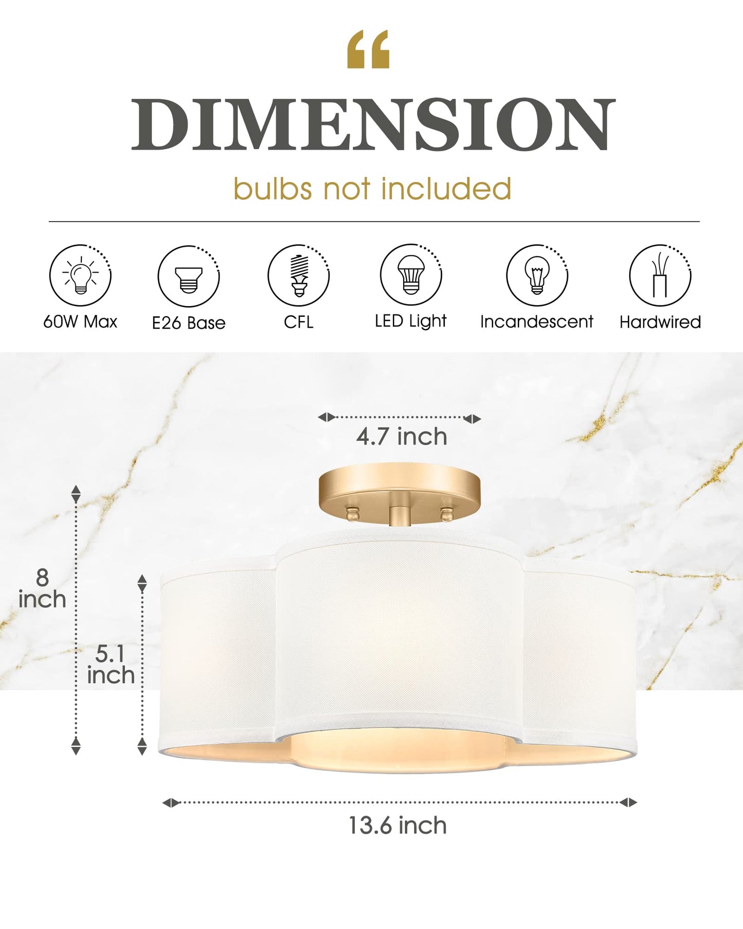 Audickic Gold Semi Flush Mount Ceiling Lights, 14" 4-Light Ceiling Light Fixtures with Fabric Shade in Quatrefoil Shape, Farmhouse Brass Drum Lighting for Kitchen Hallway Bedroom, AD-22007-4SF-GD