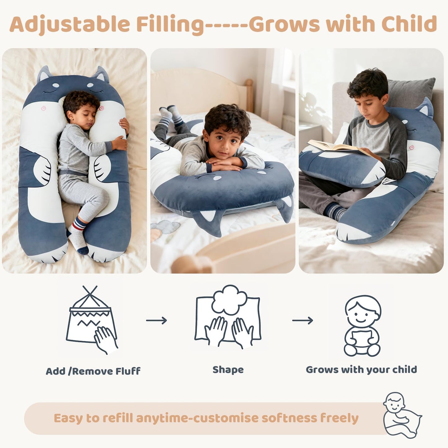 IFOYO Dog U Shaped Kids Body Pillow, 43" Minky Kids Full Body Pillow for Sleeping, Reading, ADHD & Sensory Relief, Kid Animal Cuddle Pillows Washable Cover, Snuggle Fun Hug Gift for Boys & Girls